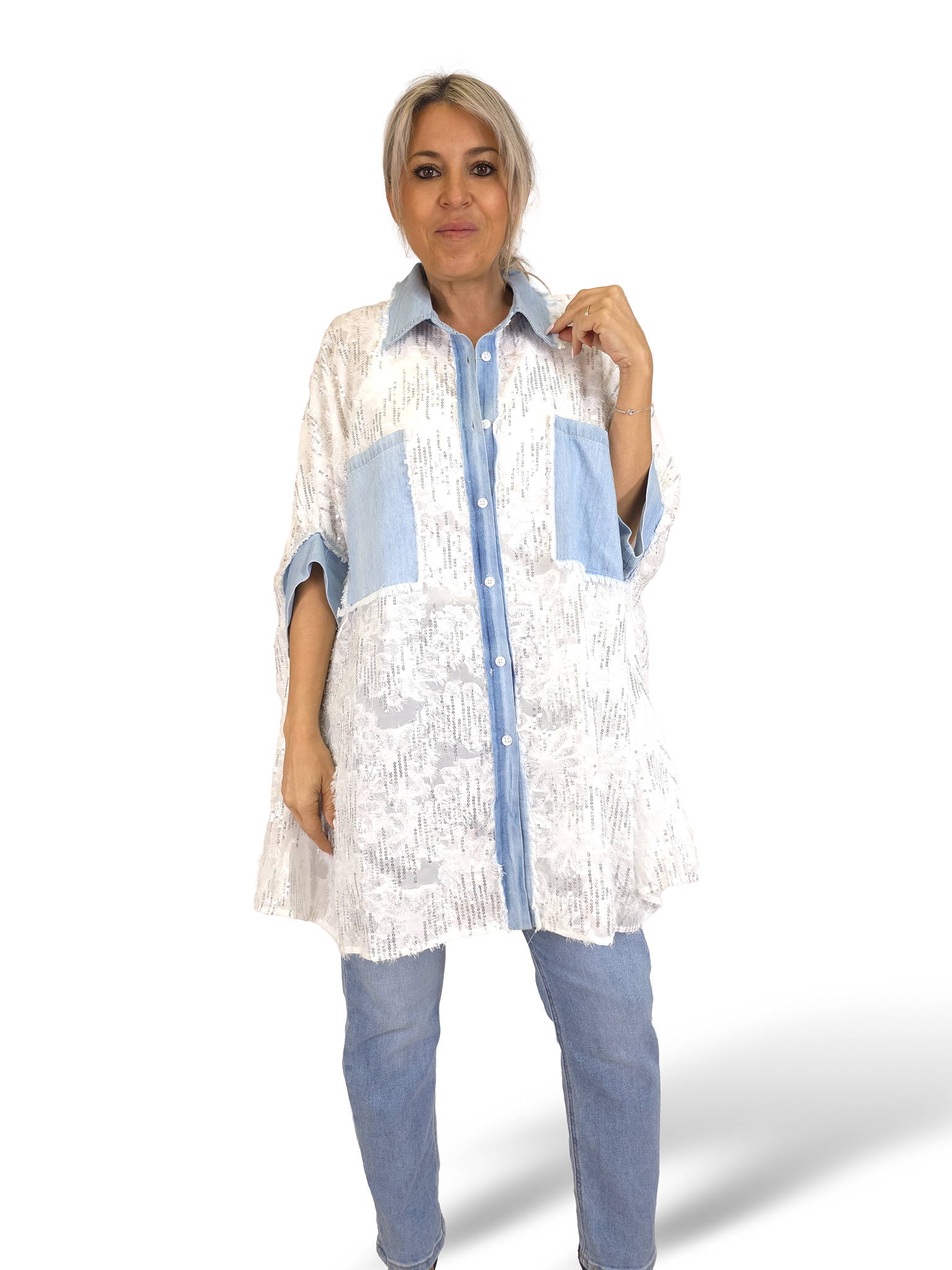 MAXI CAMISA DENIM DESFLECADA LENTEJUELAS