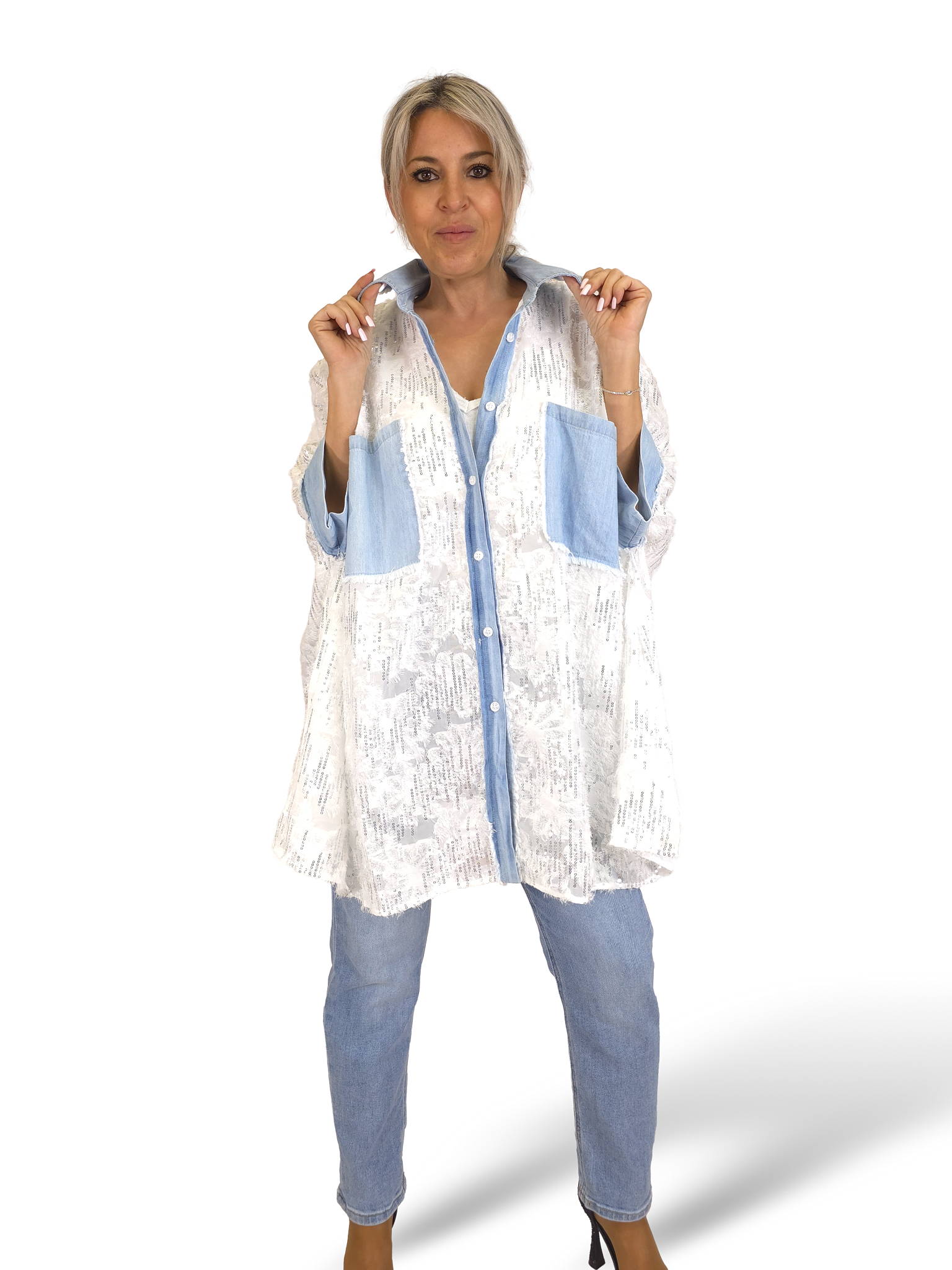 MAXI CAMISA DENIM DESFLECADA LENTEJUELAS