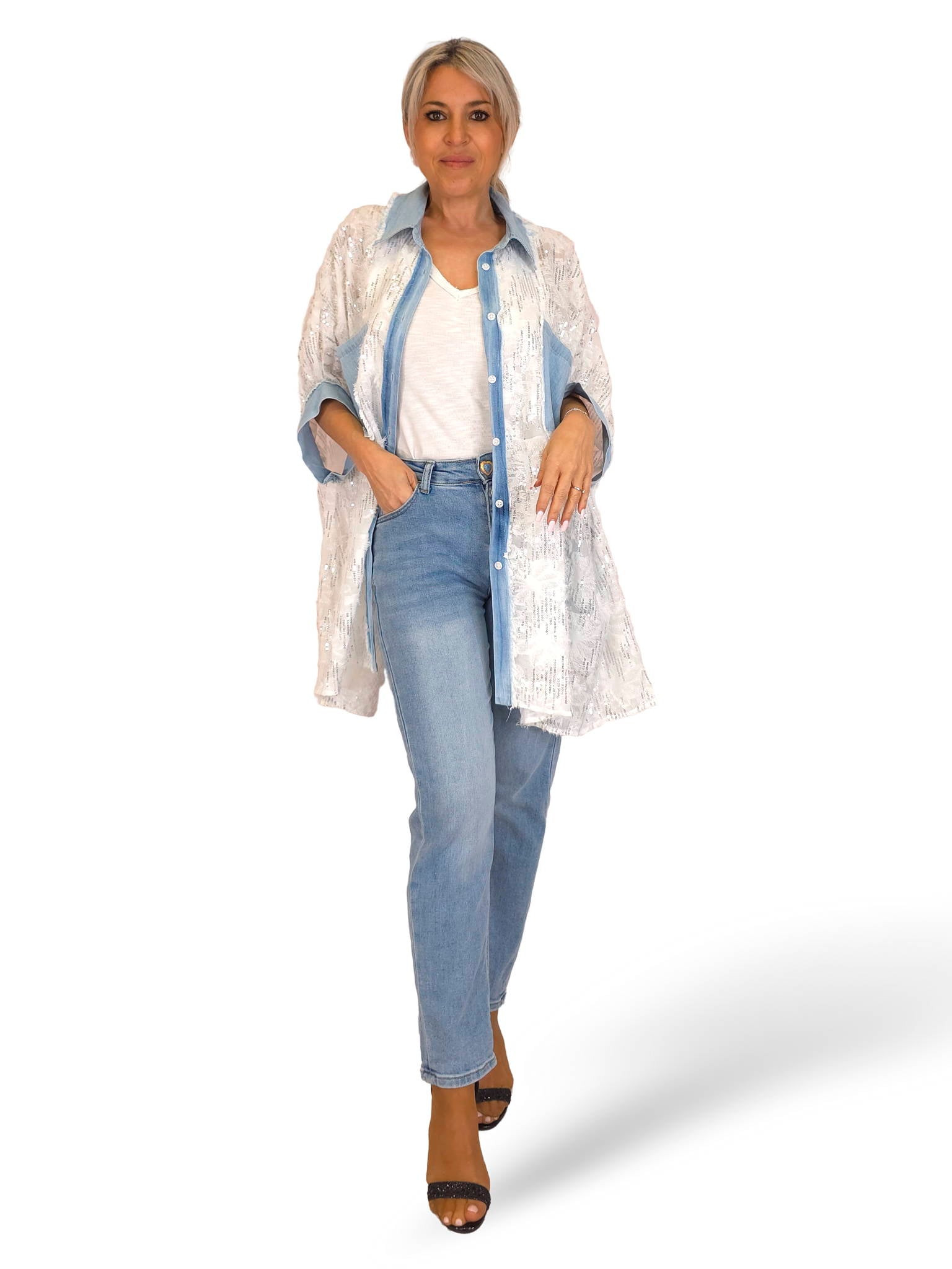 MAXI CAMISA DENIM DESFLECADA LENTEJUELAS