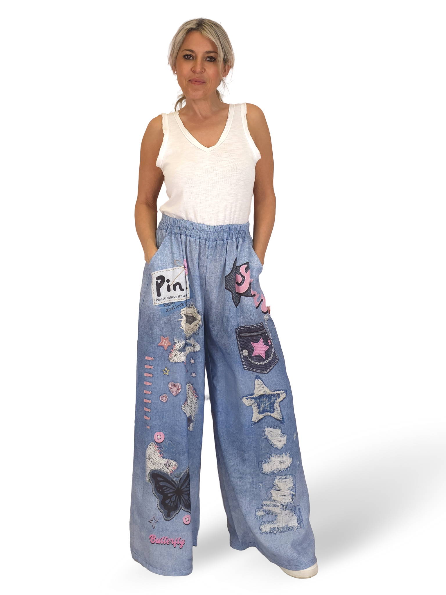 PANTALÓN EFECTO DENIM LINO ESTAMPADOS