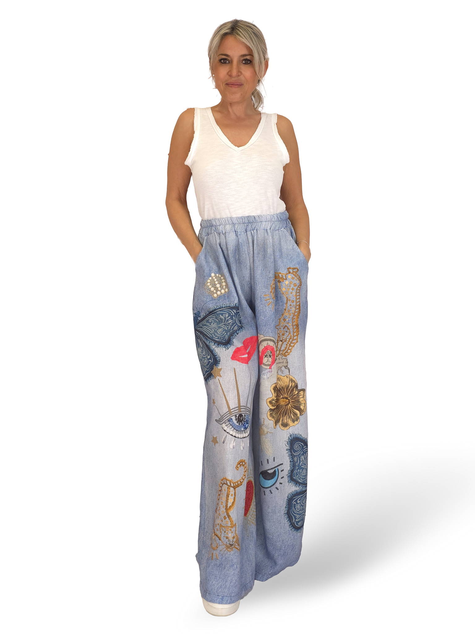 PANTALÓN EFECTO DENIM LINO ESTAMPADOS