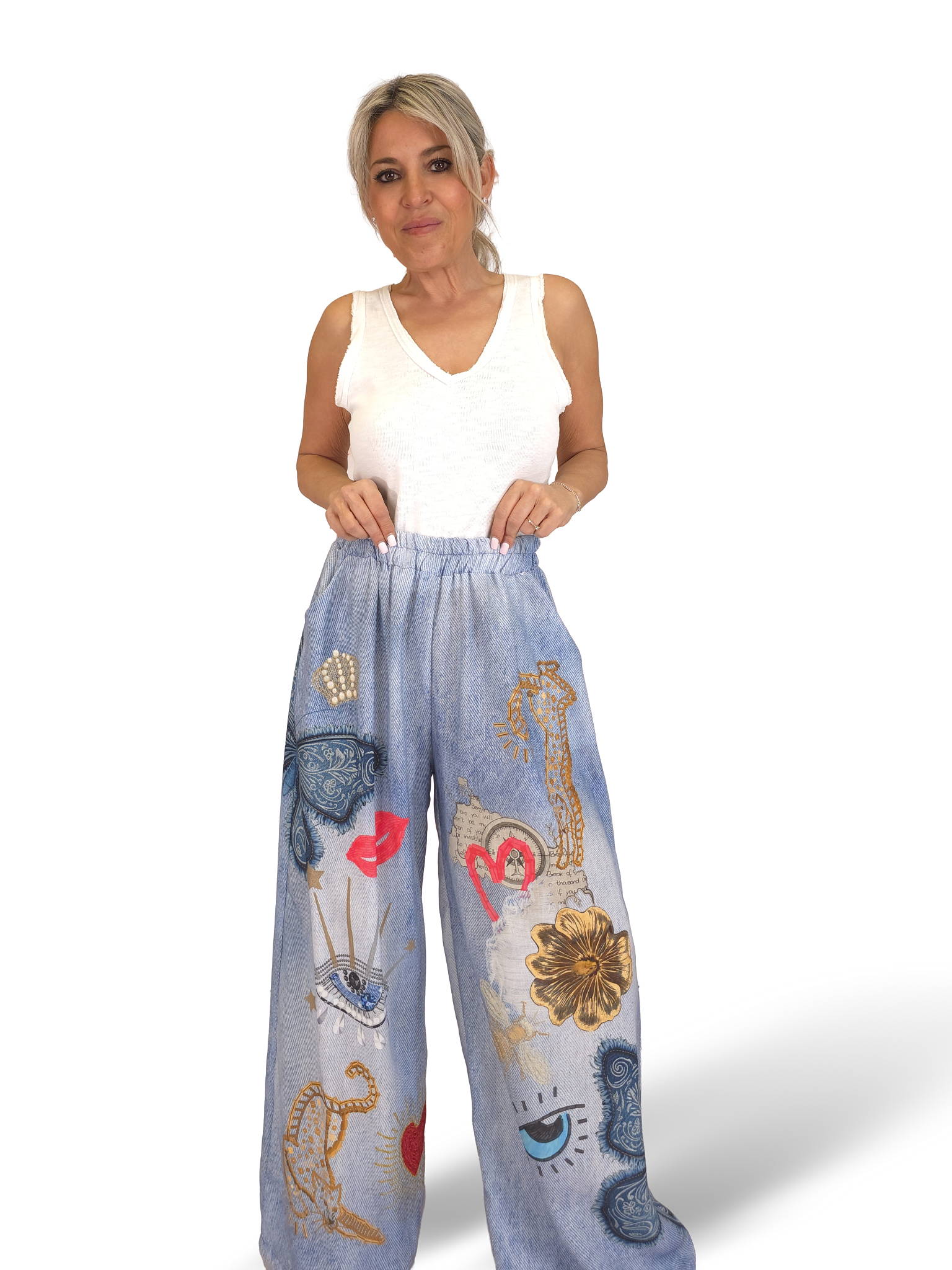 PANTALÓN EFECTO DENIM LINO ESTAMPADOS