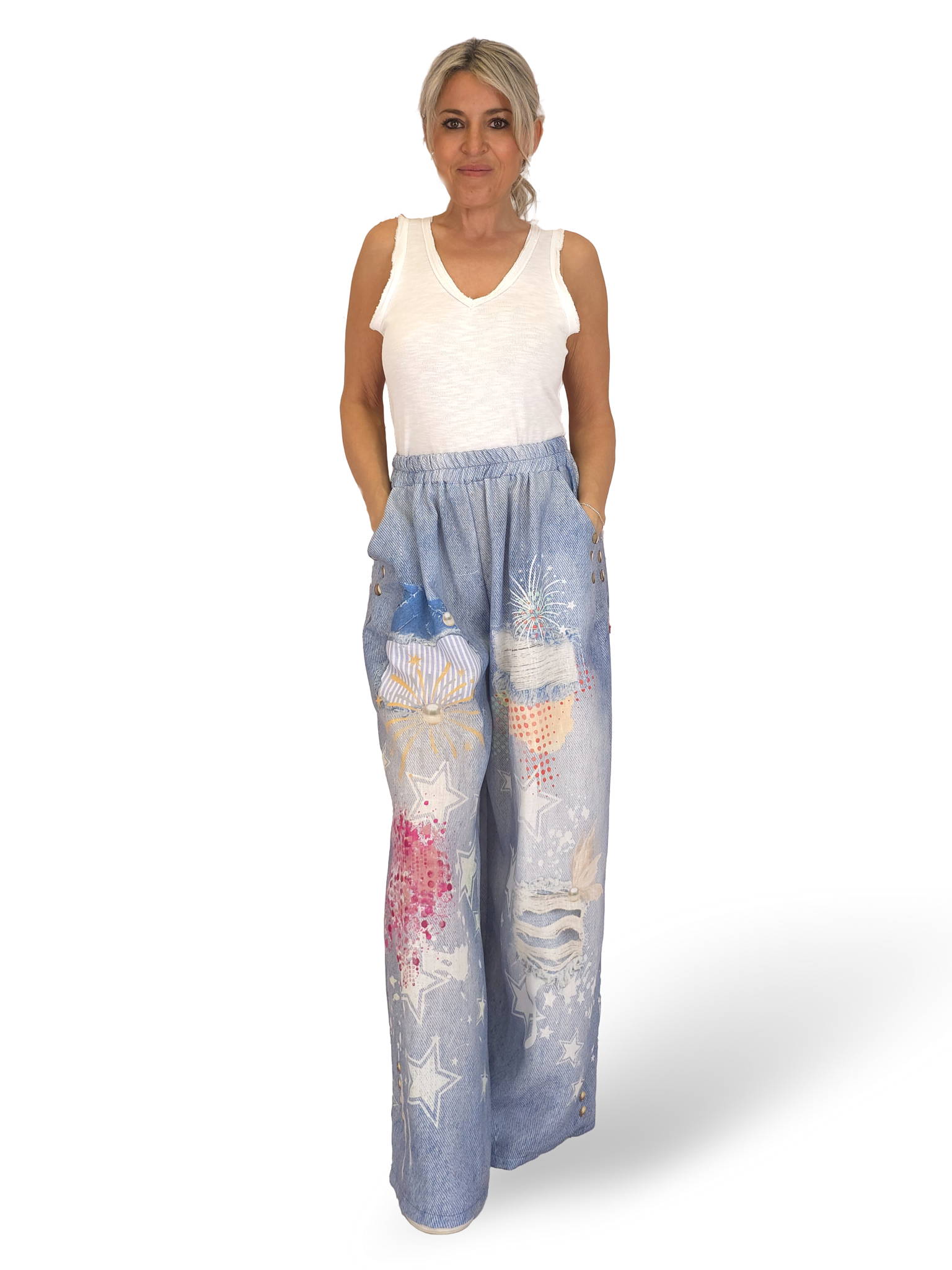 PANTALÓN EFECTO DENIM LINO ESTAMPADOS