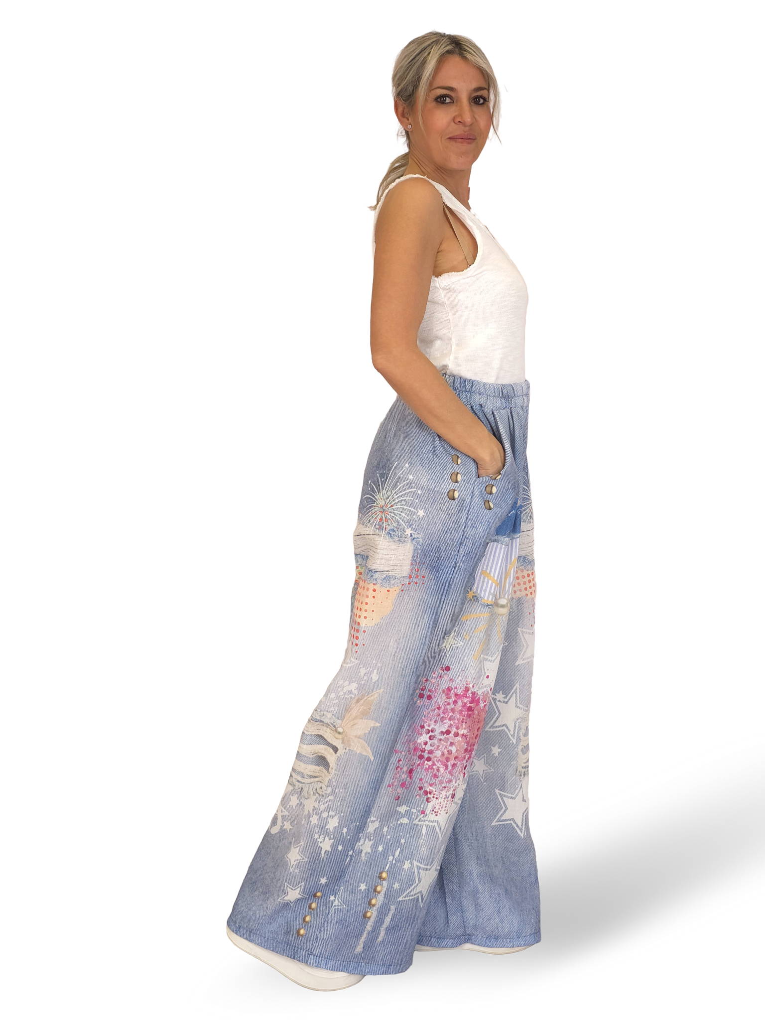 PANTALÓN EFECTO DENIM LINO ESTAMPADOS