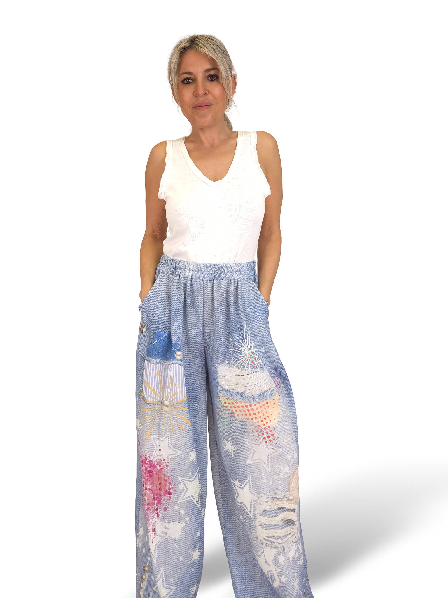 PANTALÓN EFECTO DENIM LINO ESTAMPADOS
