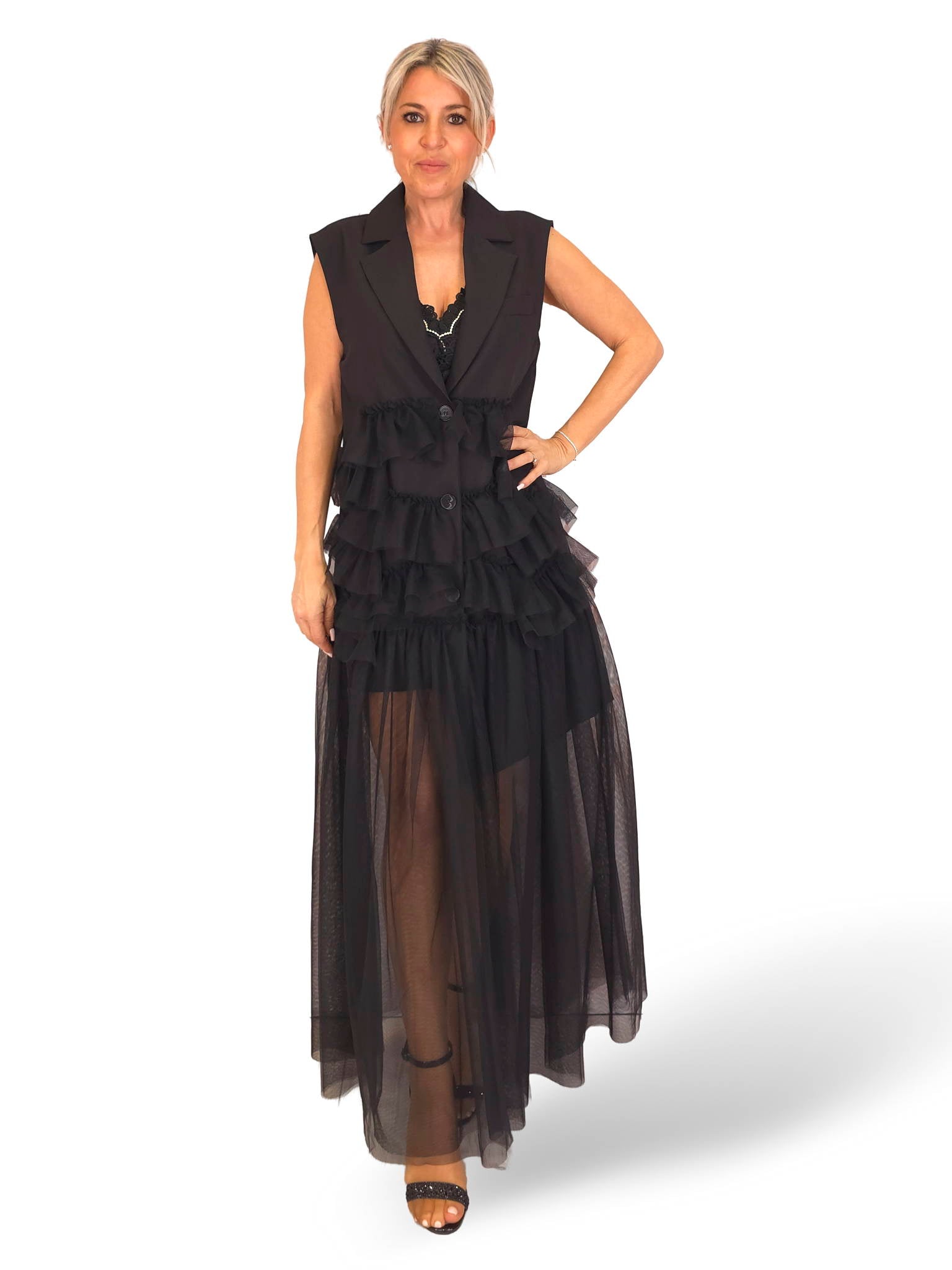 VESTIDO BLAZER VOLANTES TUL