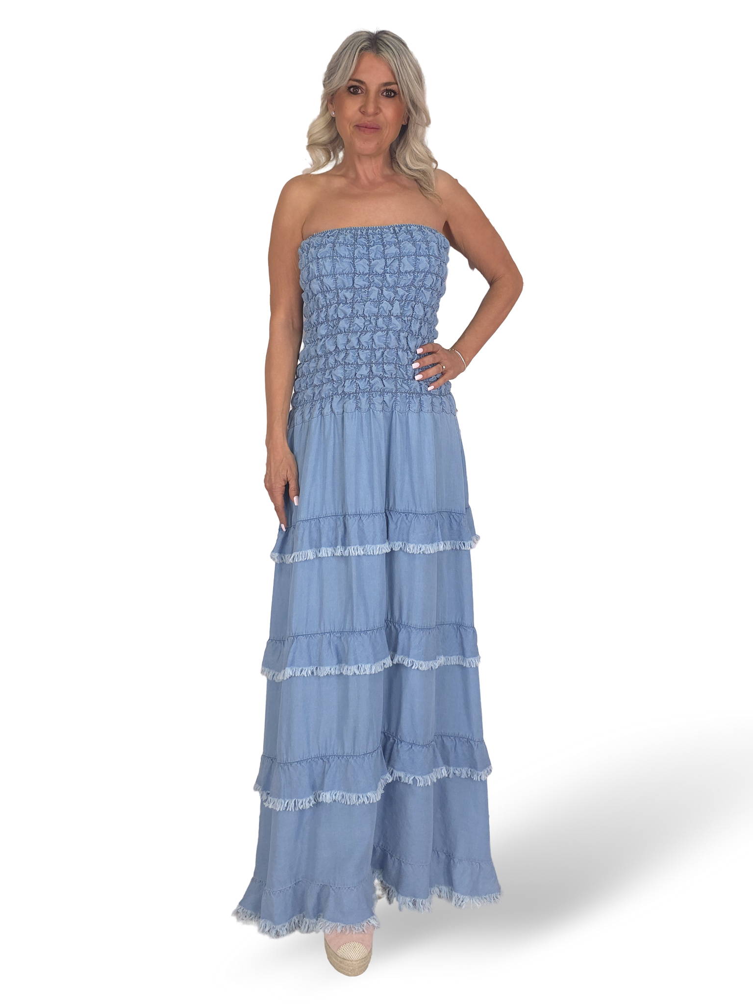 VESTIDO JEANS COM FOLHO