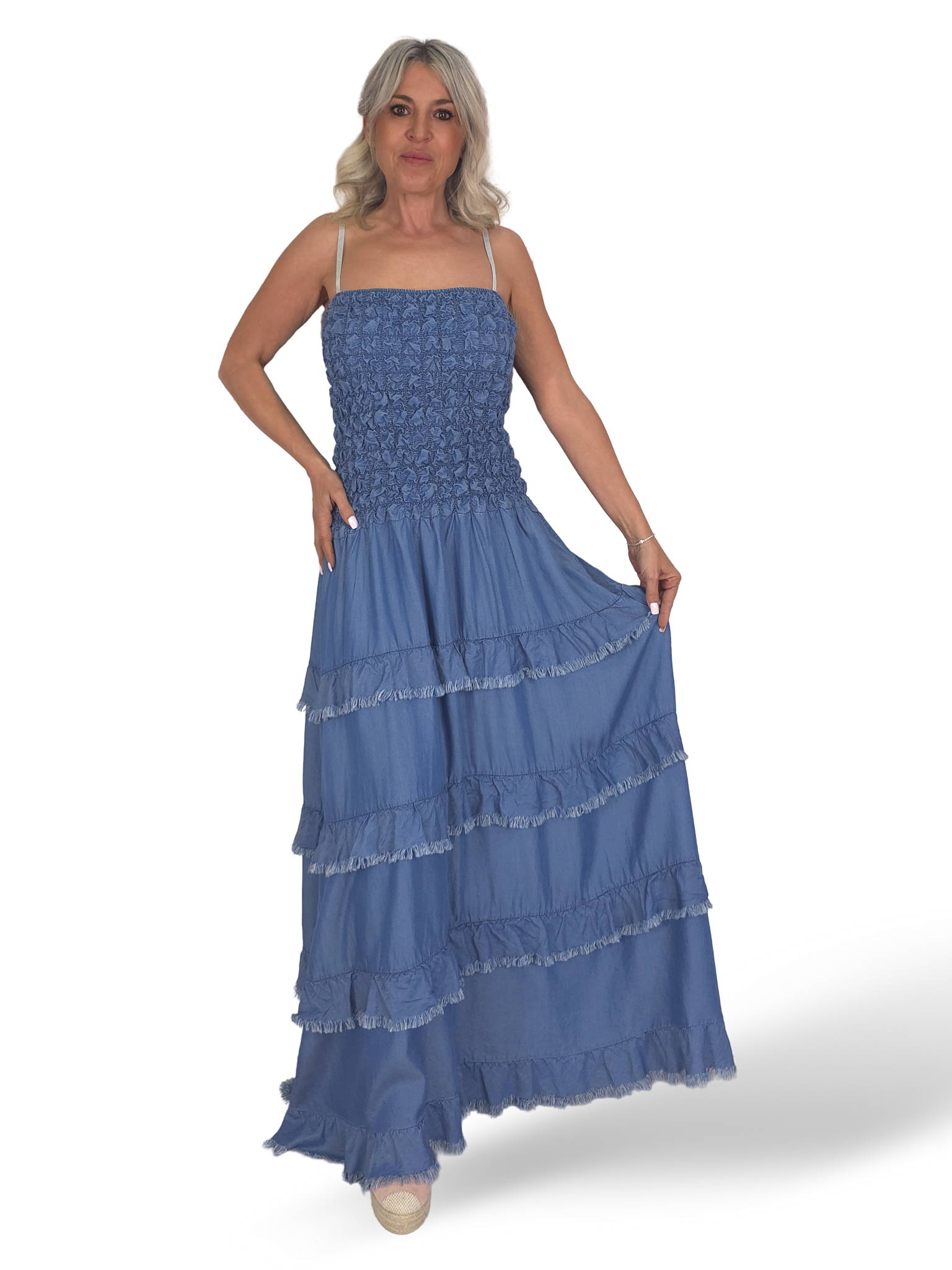 VESTIDO JEANS COM FOLHO