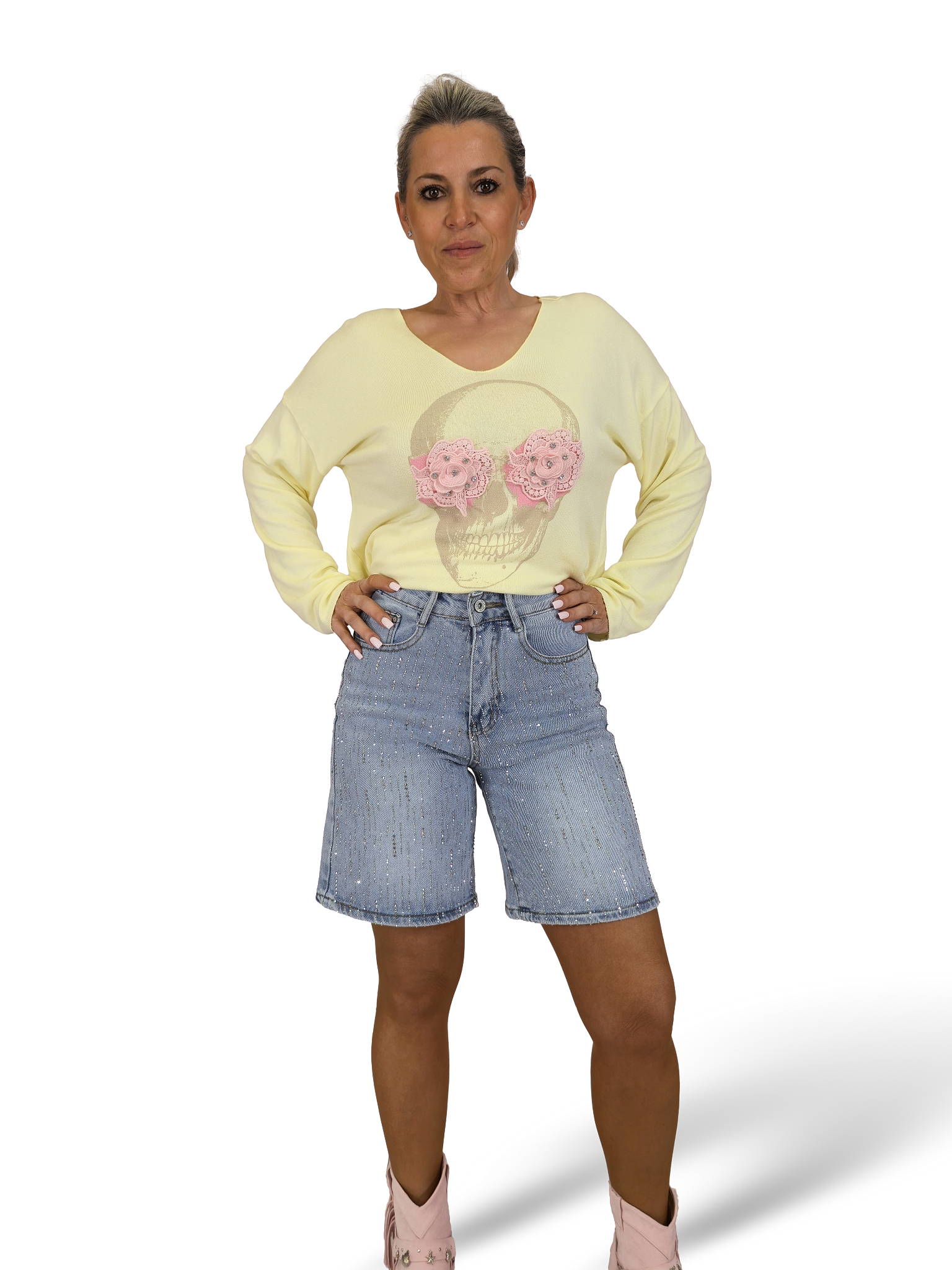 Pantaloncini bermuda in denim con strass