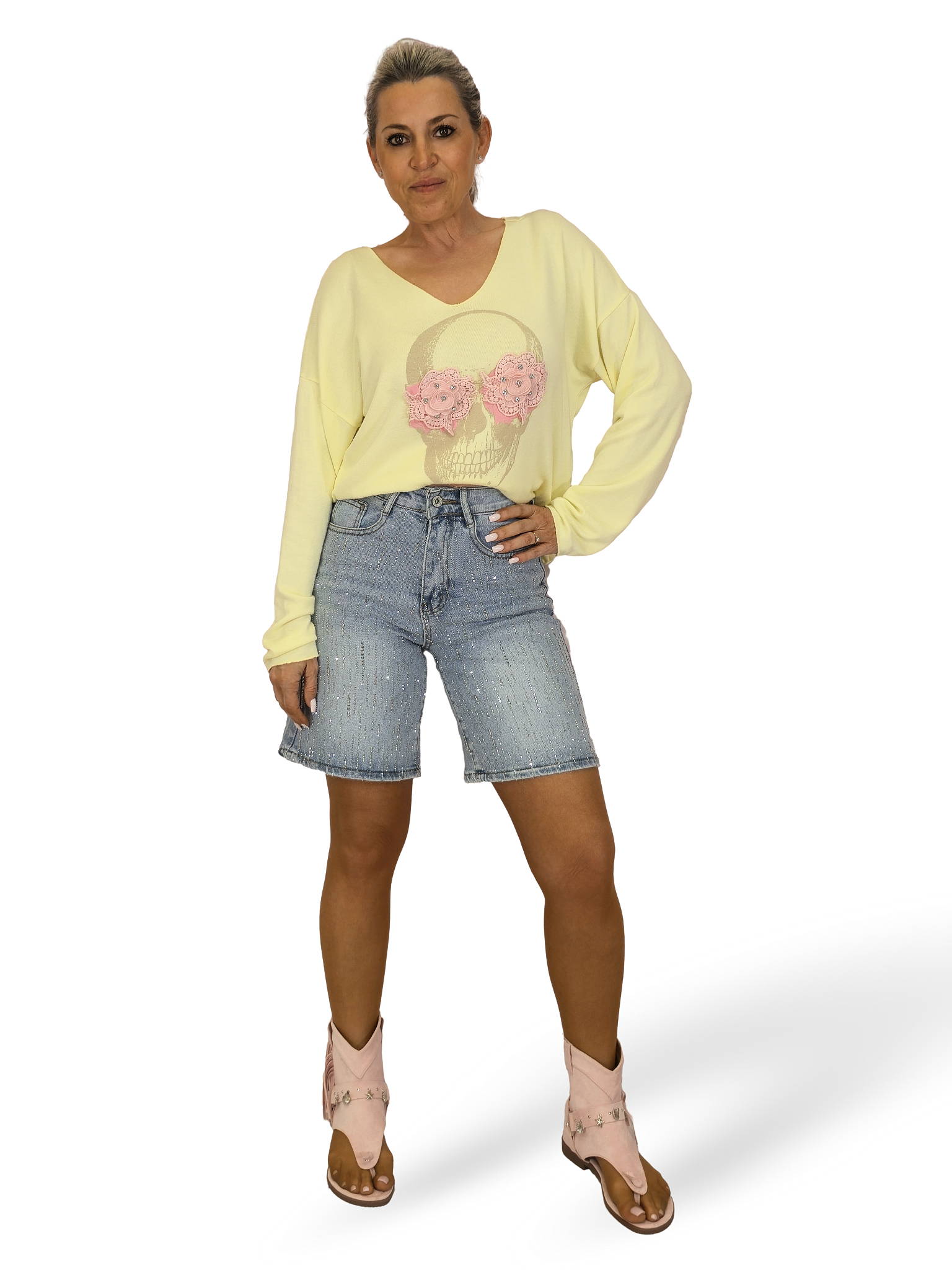 Pantaloncini bermuda in denim con strass