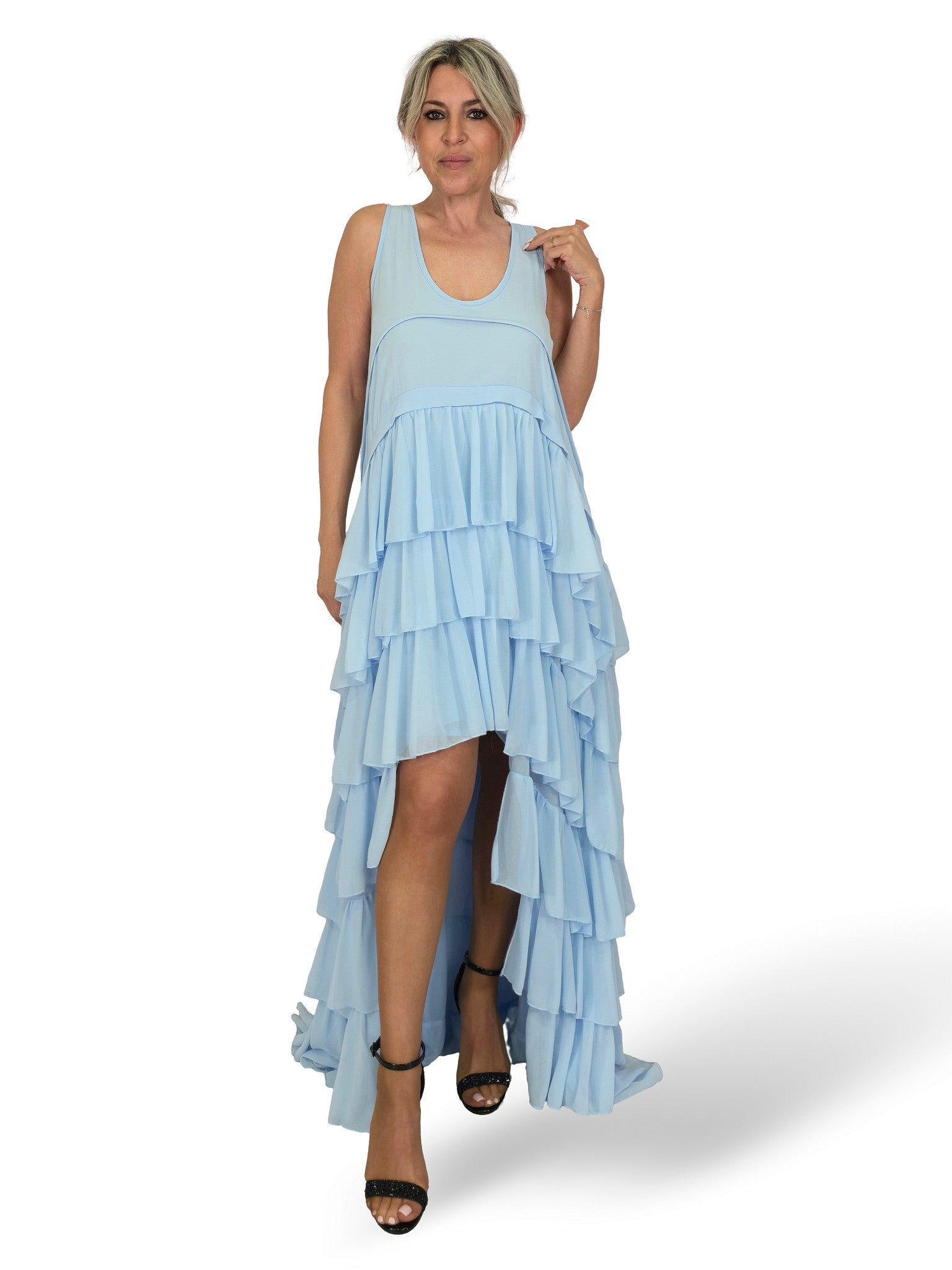 VESTIDO LARGO ASIMETRICO VOLANTES JOT
