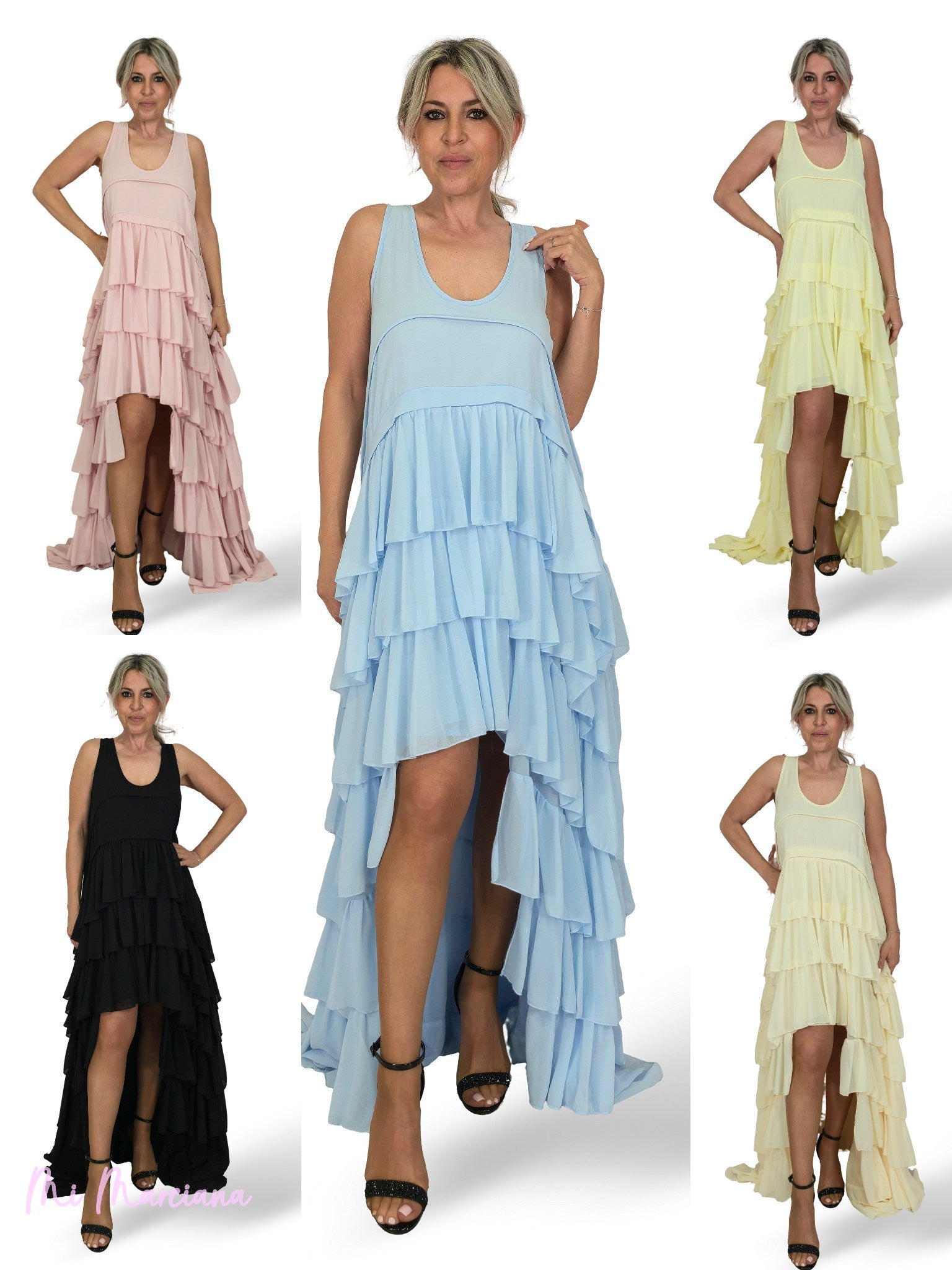 VESTIDO LARGO ASIMETRICO VOLANTES JOT