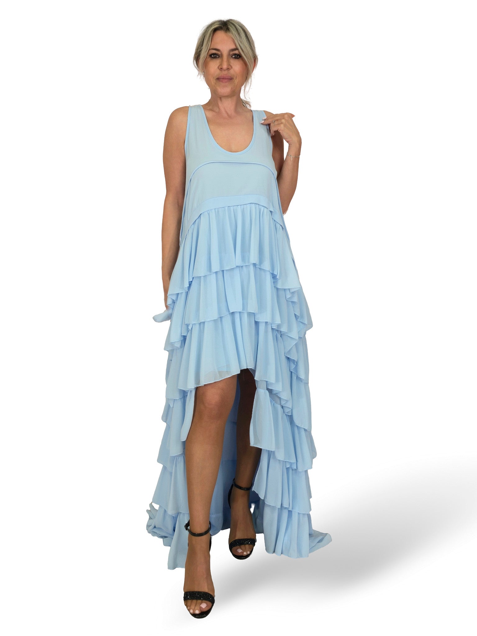 VESTIDO LARGO ASIMETRICO VOLANTES JOT
