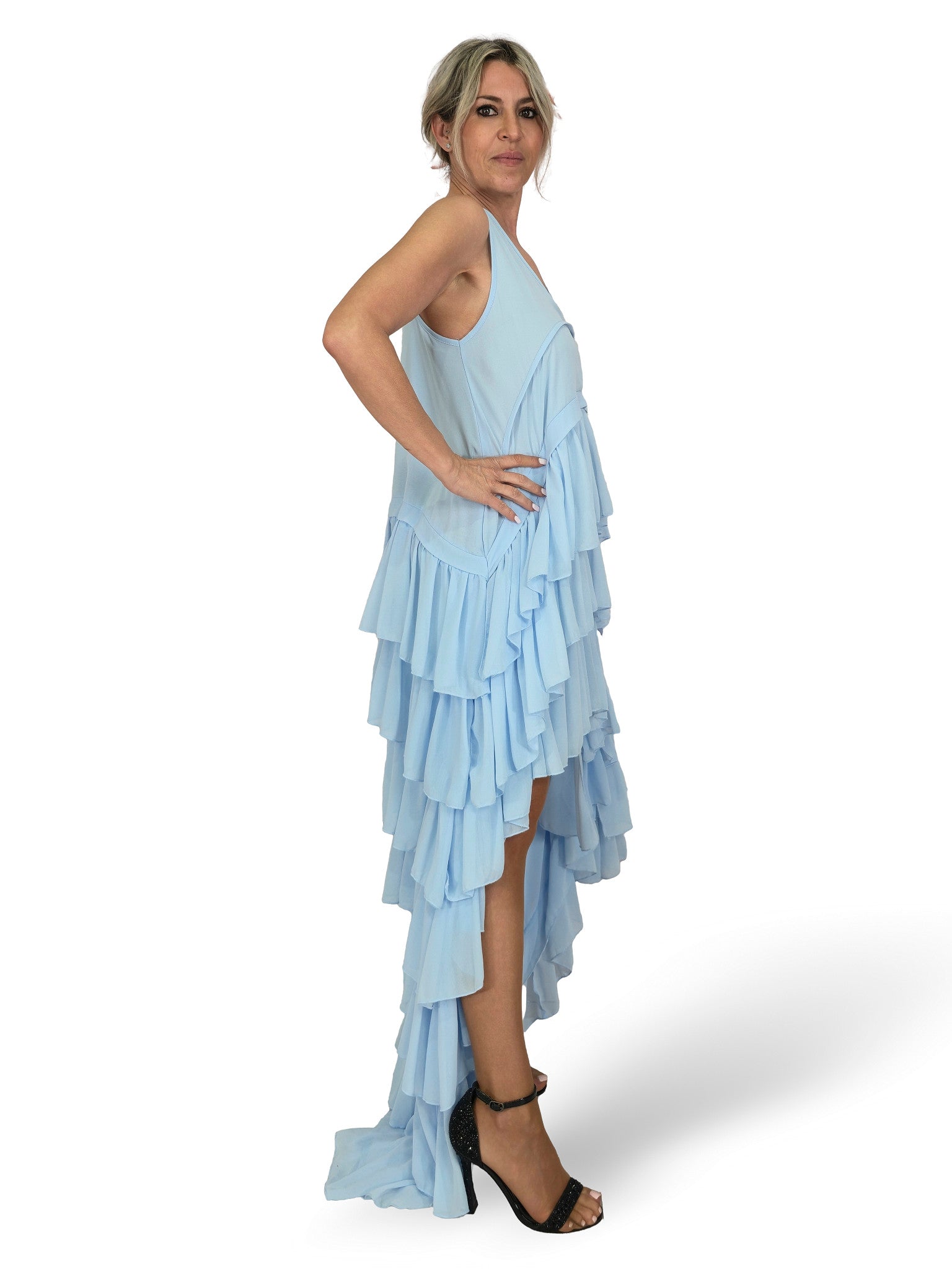 VESTIDO LARGO ASIMETRICO VOLANTES JOT