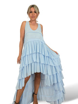 VESTIDO LARGO ASIMETRICO VOLANTES JOT