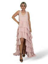 VESTIDO LARGO ASIMETRICO VOLANTES JOT