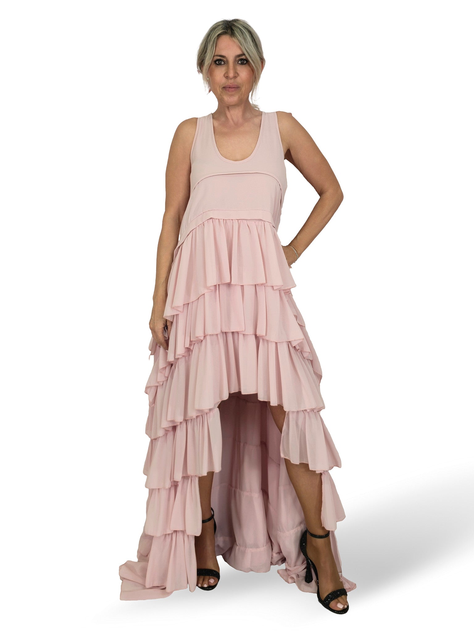 VESTIDO LARGO ASIMETRICO VOLANTES JOT