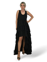VESTIDO LARGO ASIMETRICO VOLANTES JOT