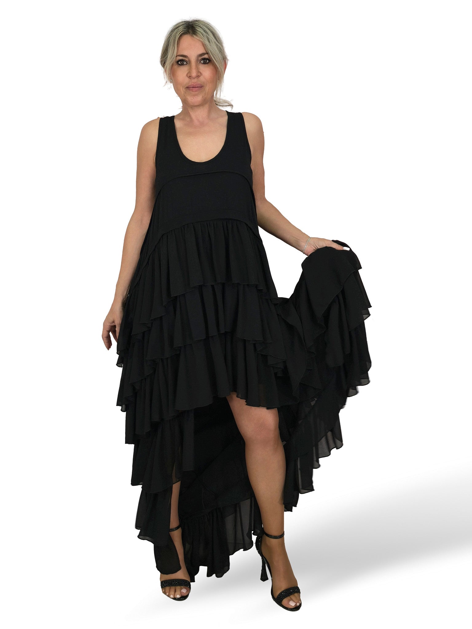 VESTIDO LARGO ASIMETRICO VOLANTES JOT