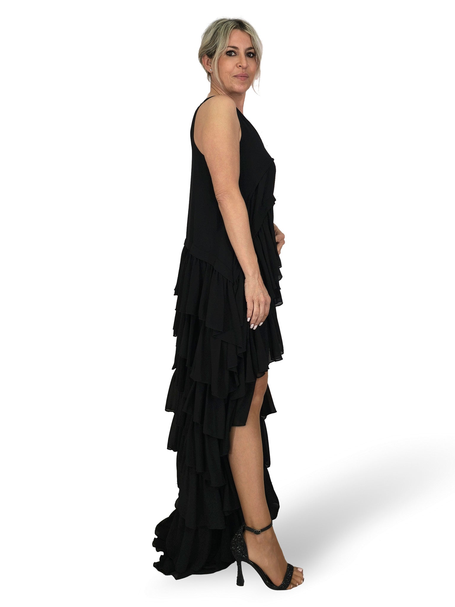 VESTIDO LARGO ASIMETRICO VOLANTES JOT