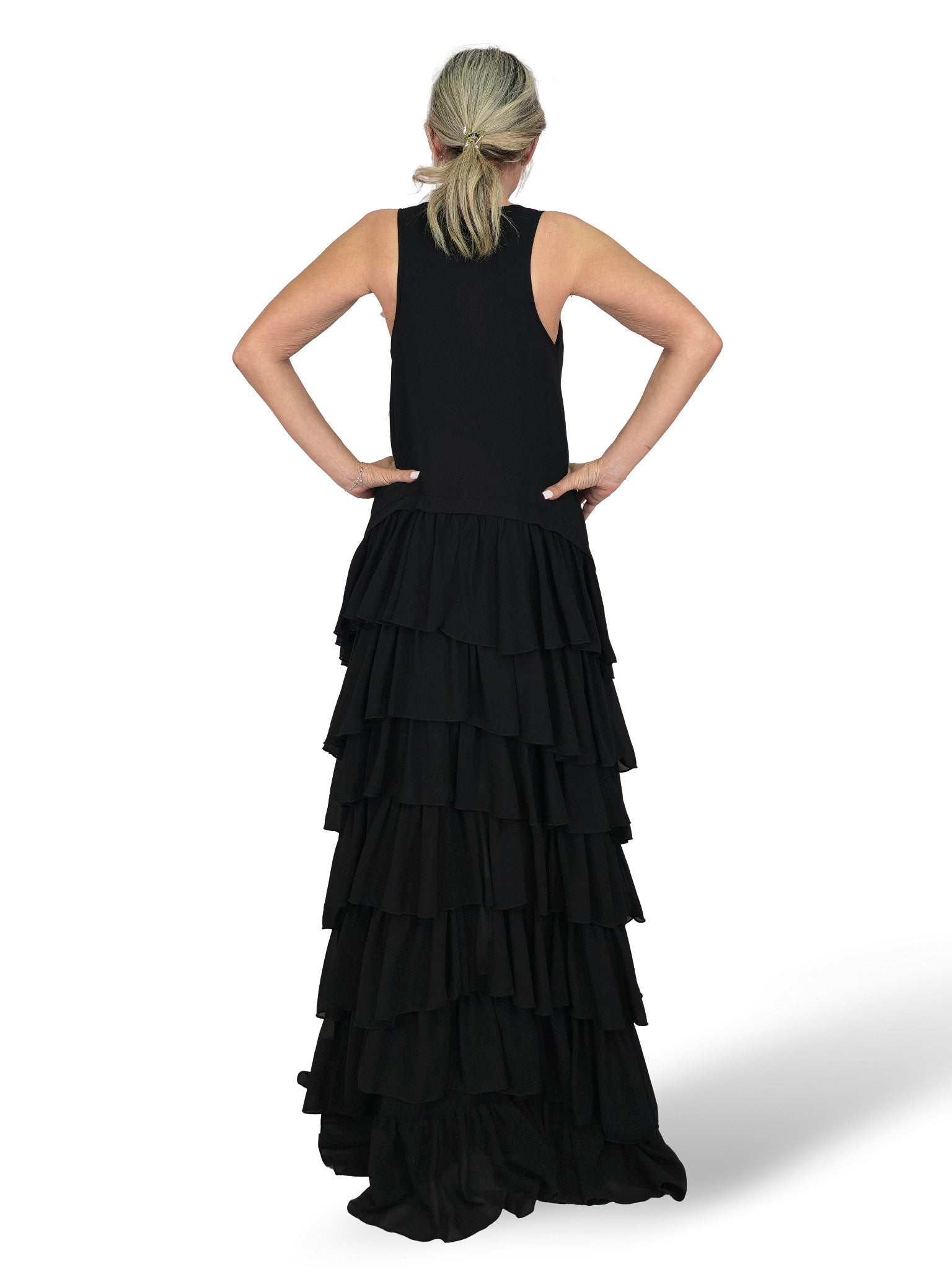 VESTIDO LARGO ASIMETRICO VOLANTES JOT