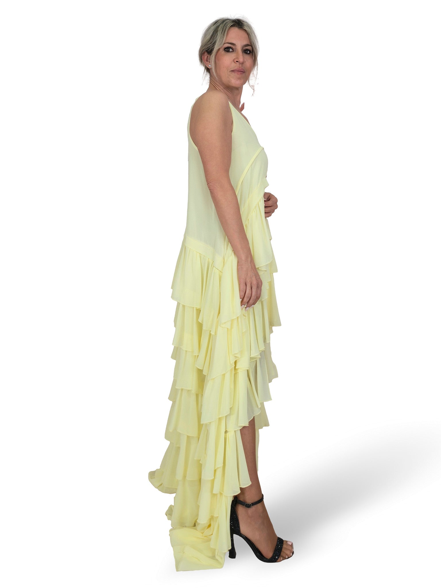 VESTIDO LARGO ASIMETRICO VOLANTES JOT