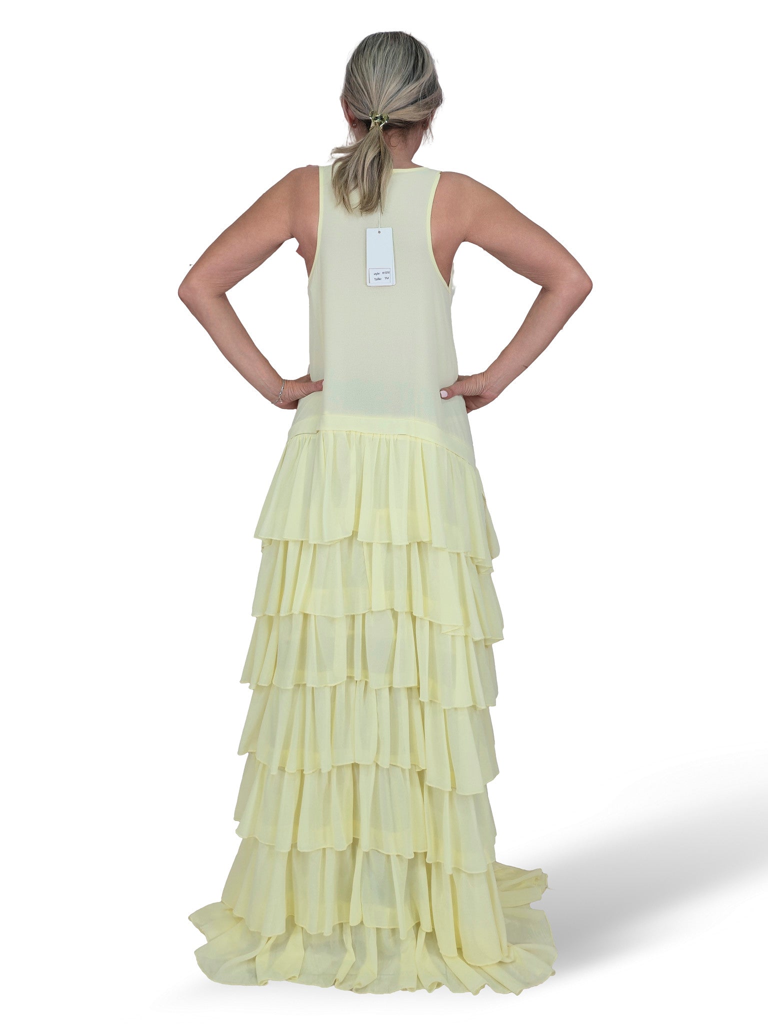 VESTIDO LARGO ASIMETRICO VOLANTES JOT