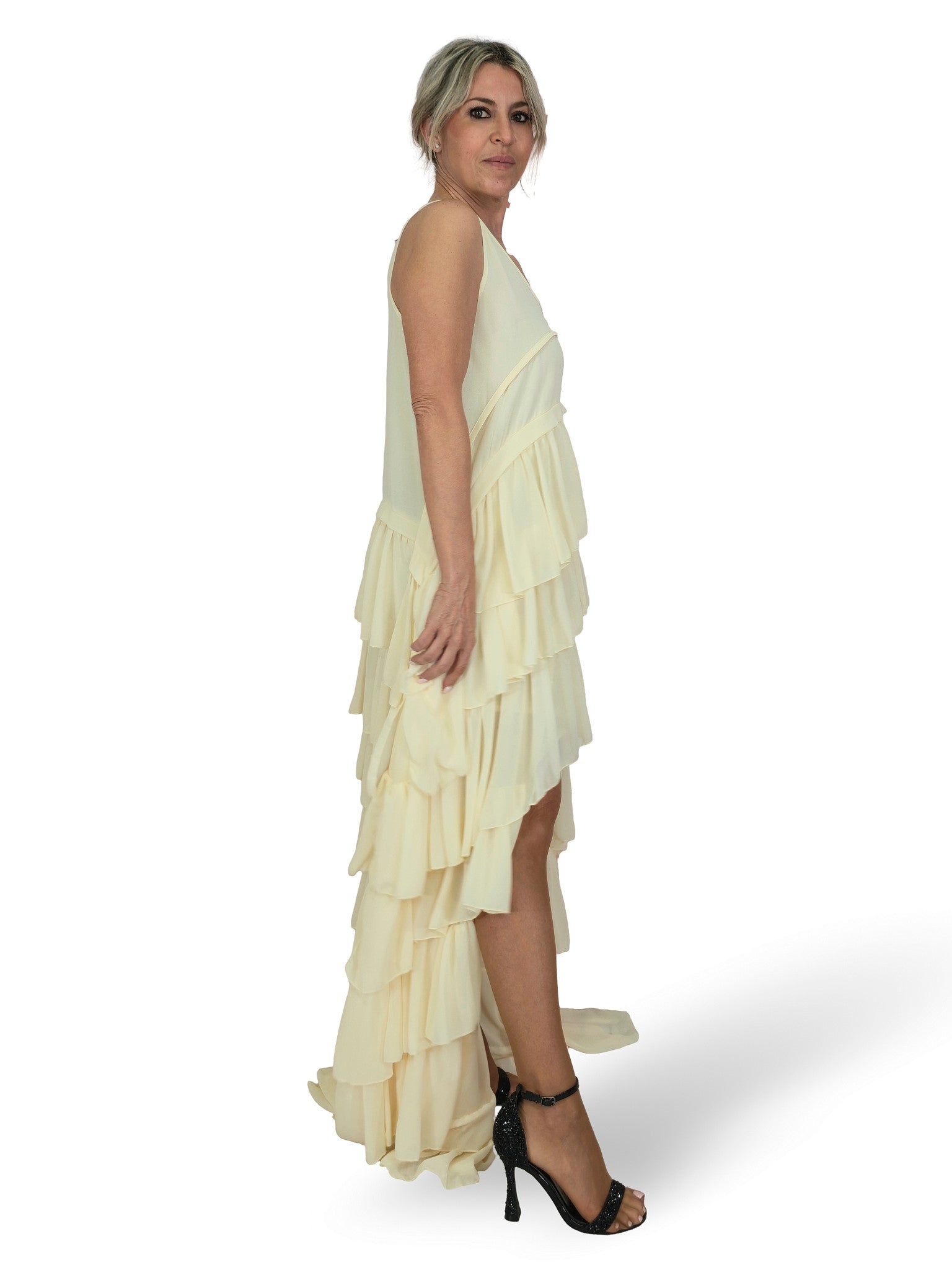 VESTIDO LARGO ASIMETRICO VOLANTES JOT