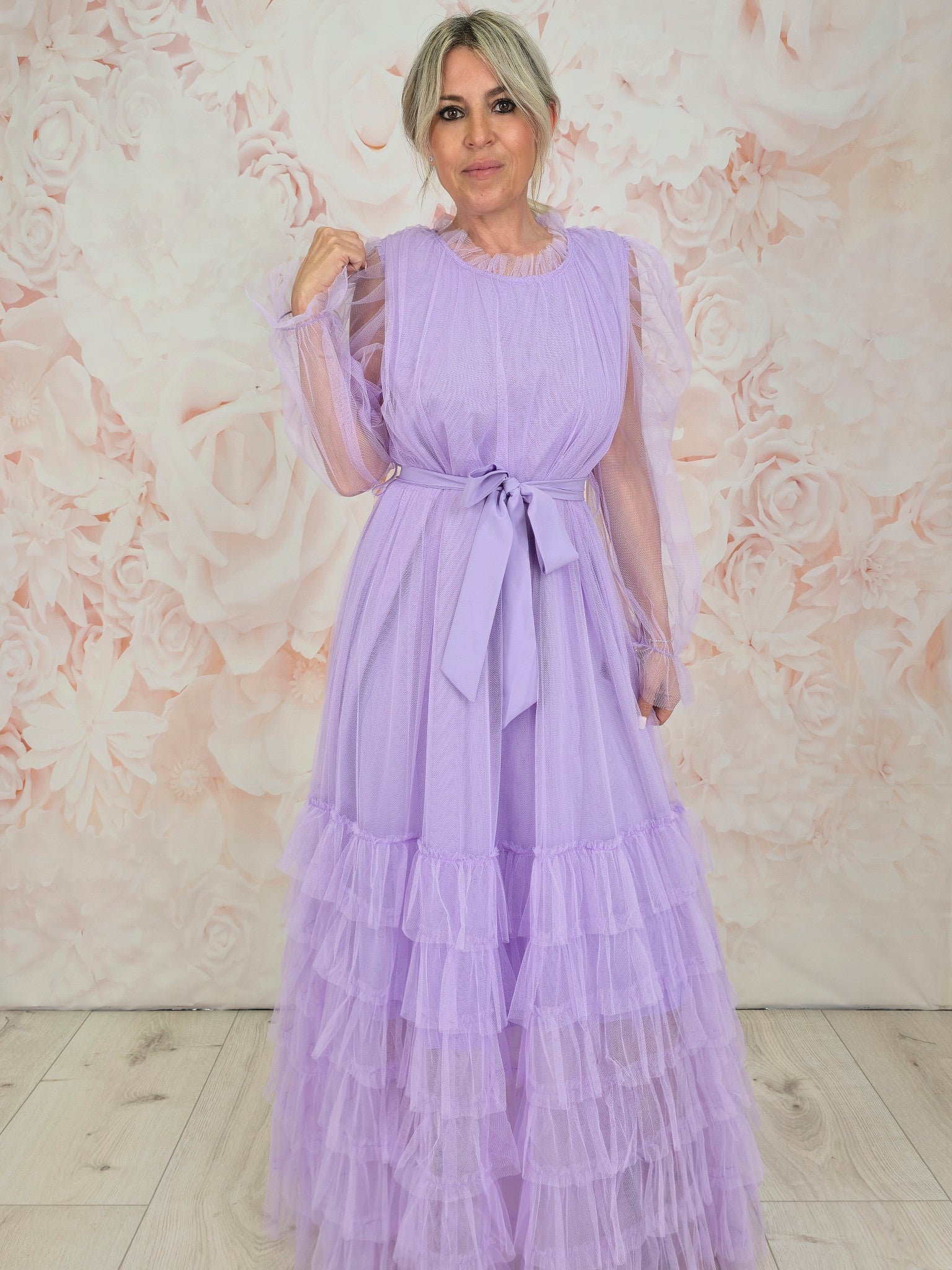 VESTIDO LONGO DE TULE LILÁS