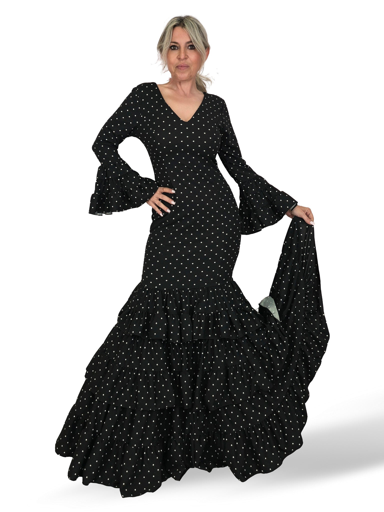 VESTIDO FLAMENCA NEGRO LUNAR BLANCO