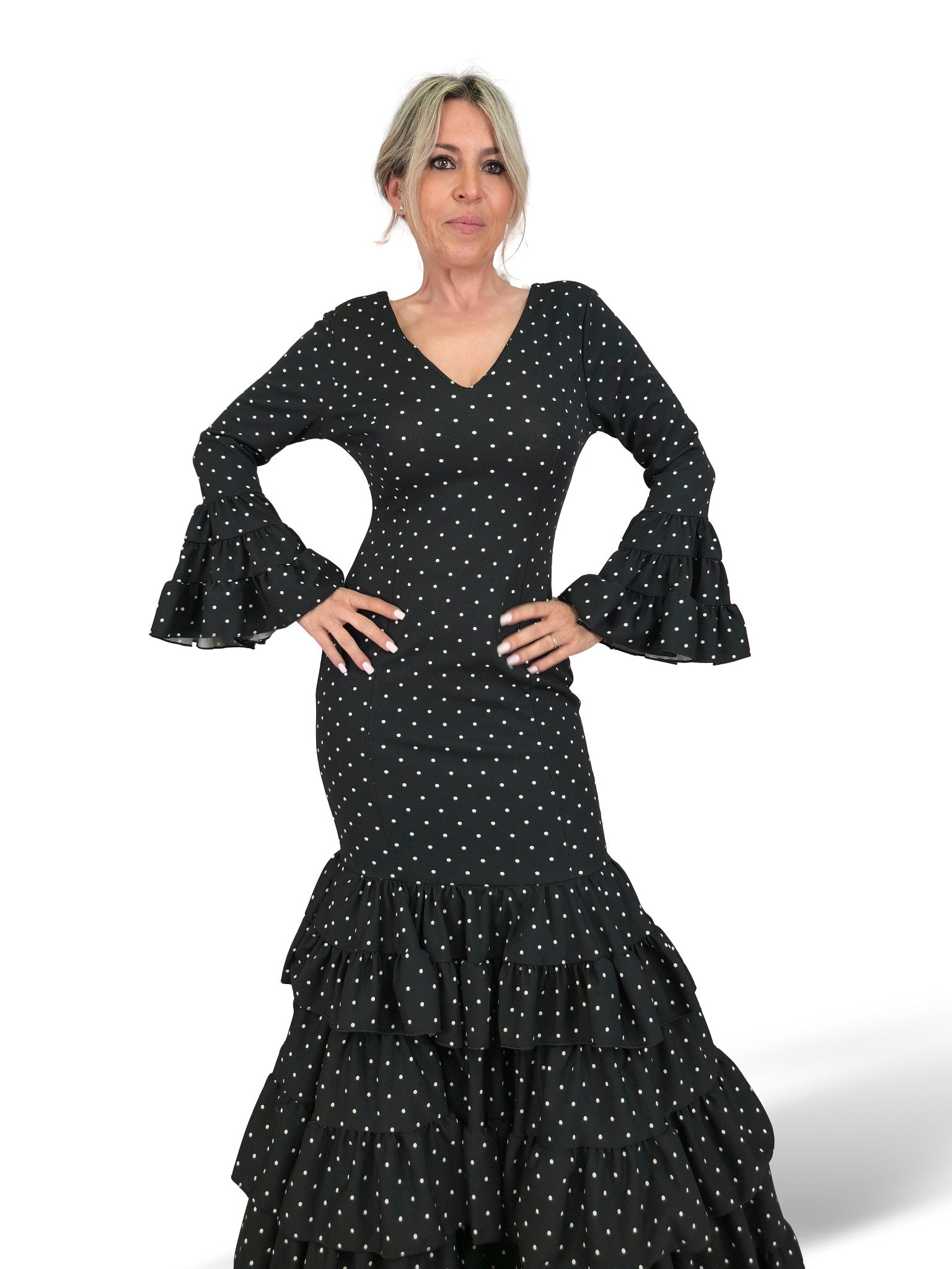 VESTIDO FLAMENCA NEGRO LUNAR BLANCO
