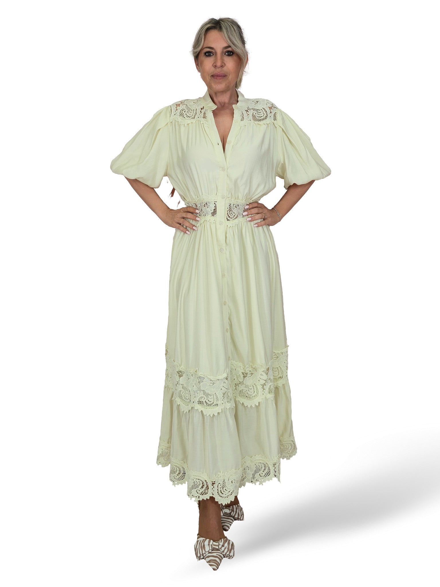 VESTIDO CAMISERO ENCAJE MANGA GLOBO TENCEL JOT