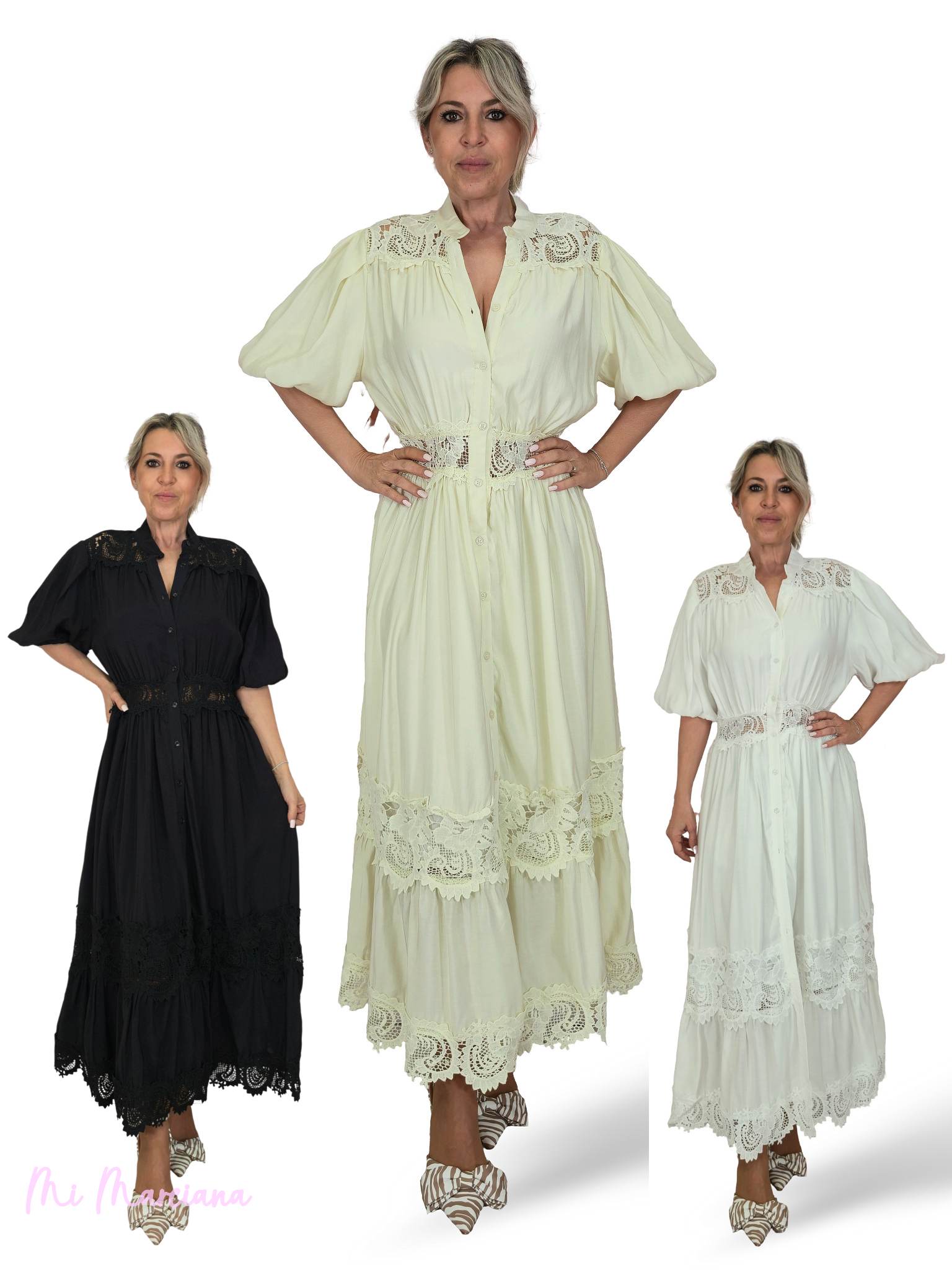 VESTIDO CAMISERO ENCAJE MANGA GLOBO TENCEL JOT