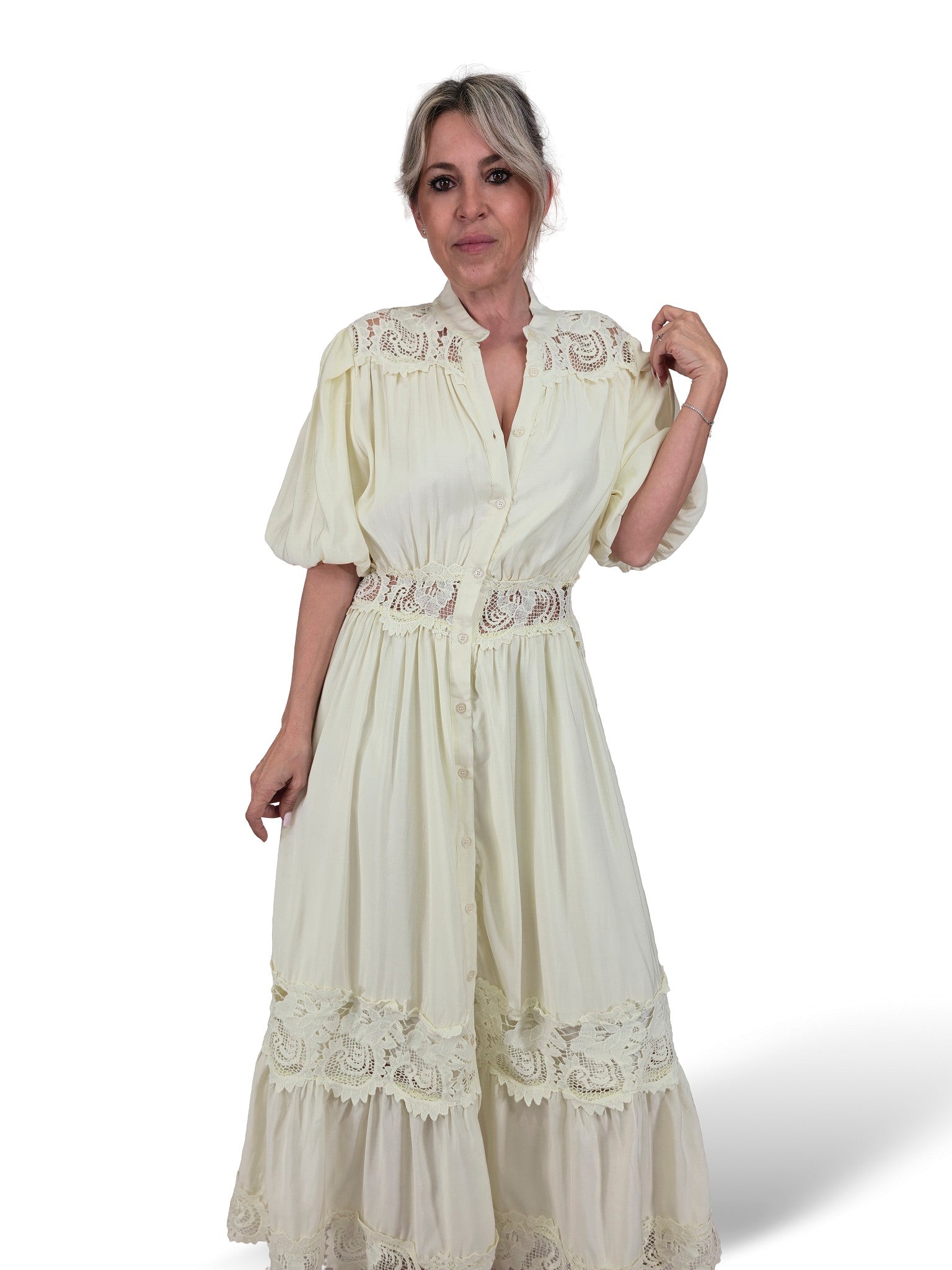 VESTIDO CAMISERO ENCAJE MANGA GLOBO TENCEL JOT