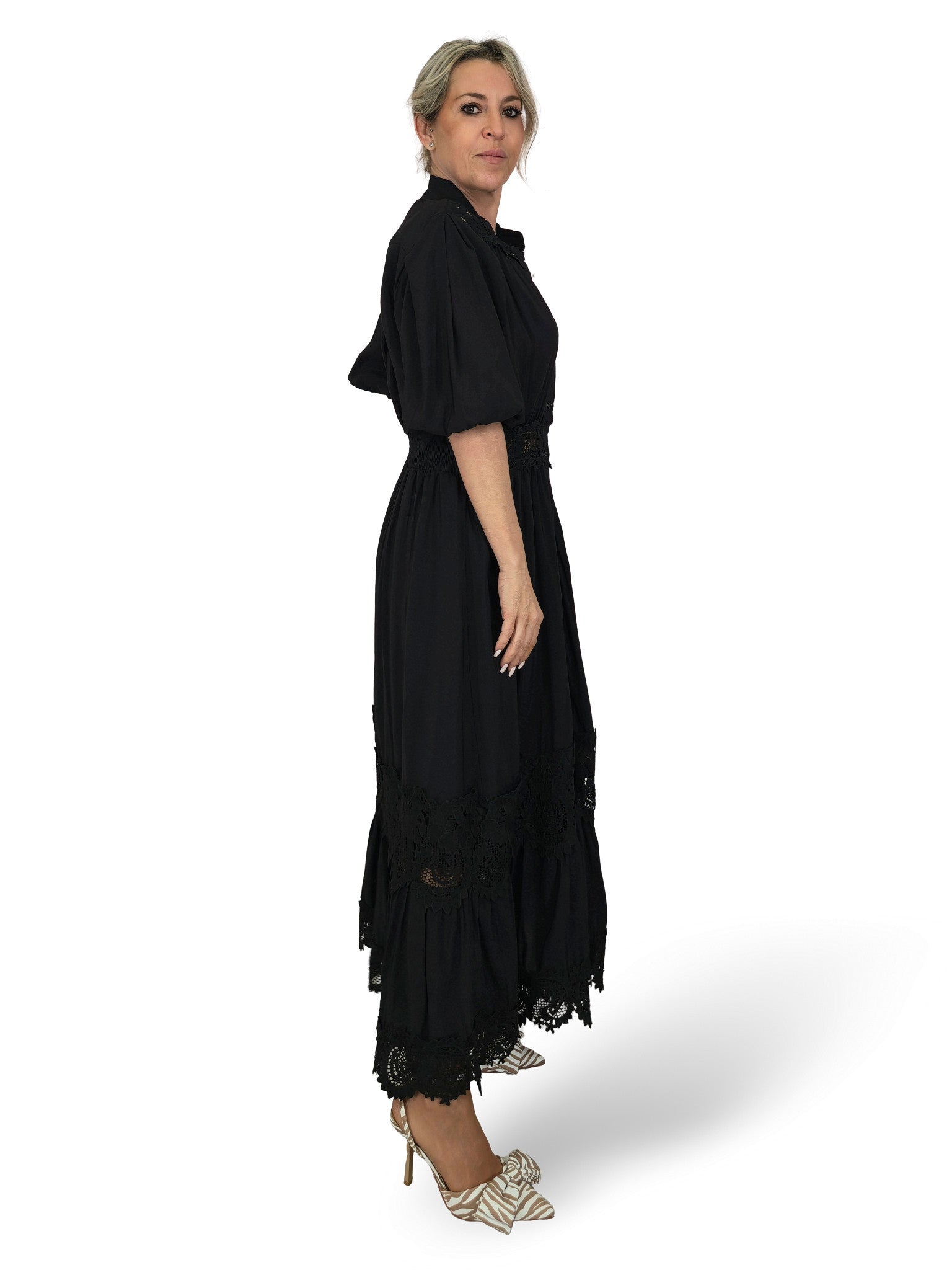 VESTIDO CAMISERO ENCAJE MANGA GLOBO TENCEL JOT