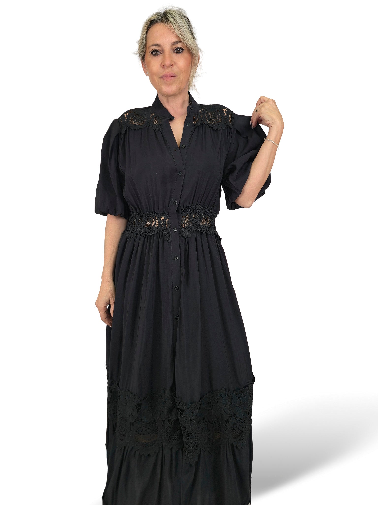 VESTIDO CAMISERO ENCAJE MANGA GLOBO TENCEL JOT
