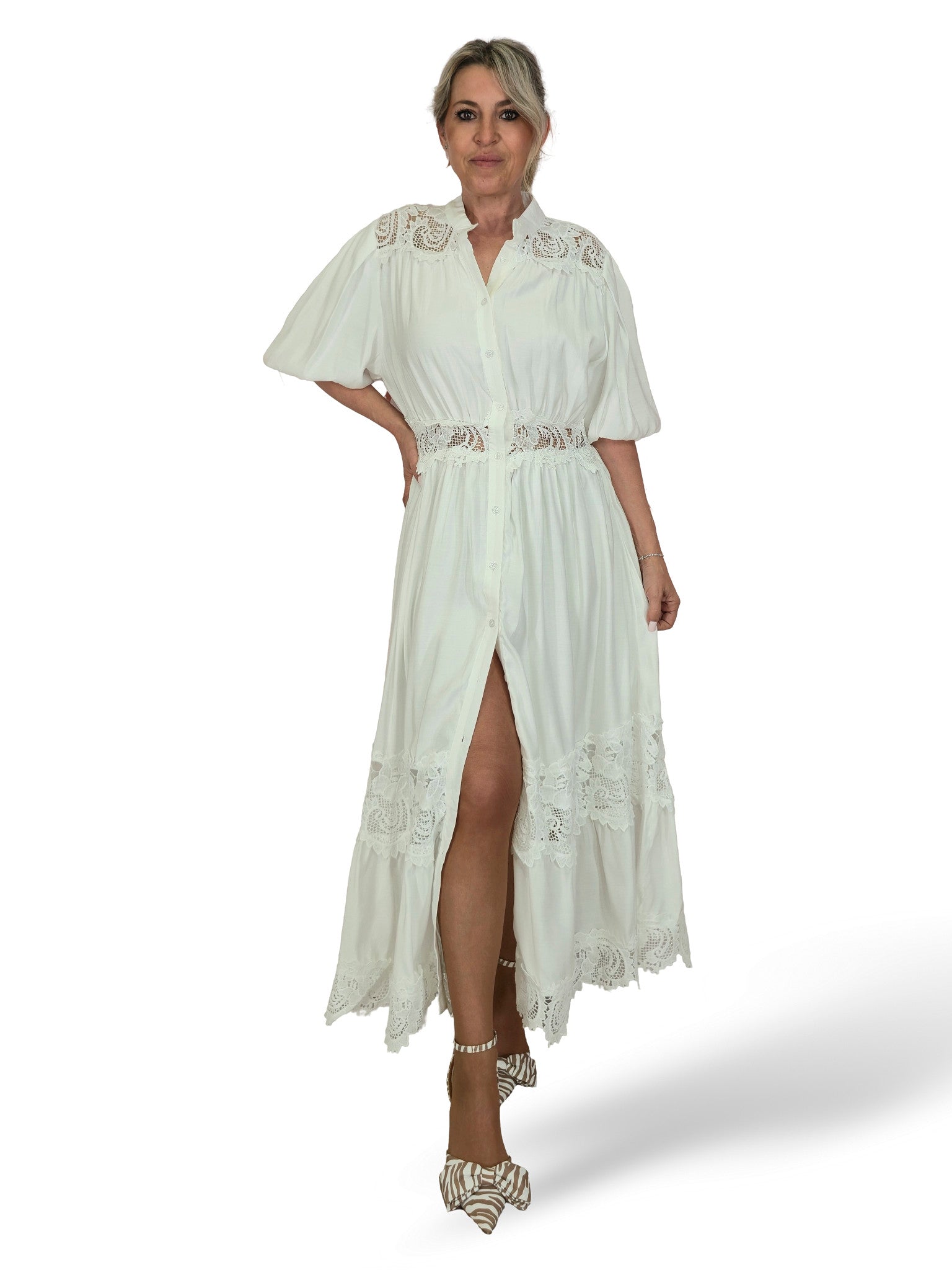 VESTIDO CAMISERO ENCAJE MANGA GLOBO TENCEL JOT
