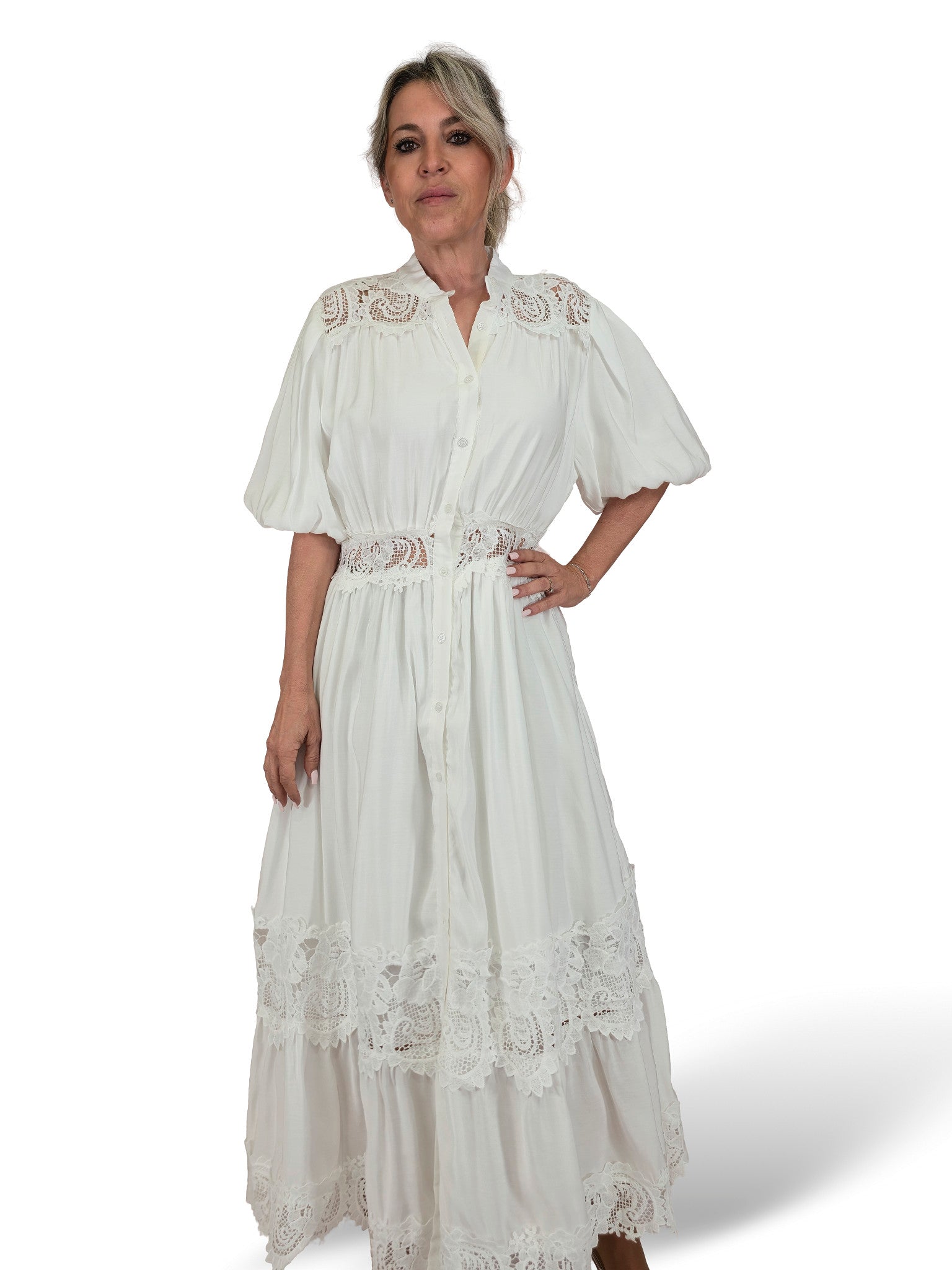 VESTIDO CAMISERO ENCAJE MANGA GLOBO TENCEL JOT