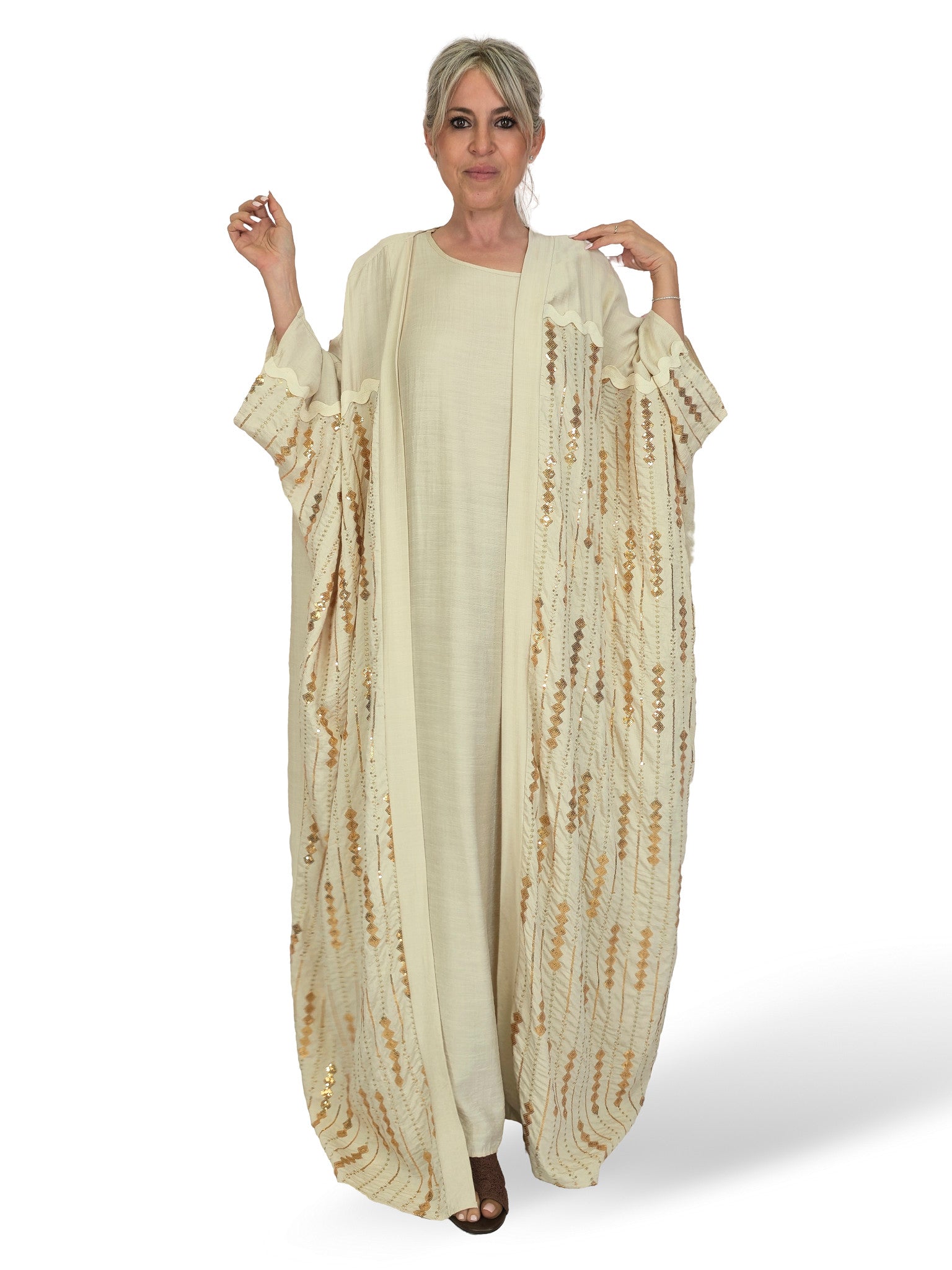 CONJUNTO VESTIDO Y KIMONO BORDADO LENTEJUELAS JOT
