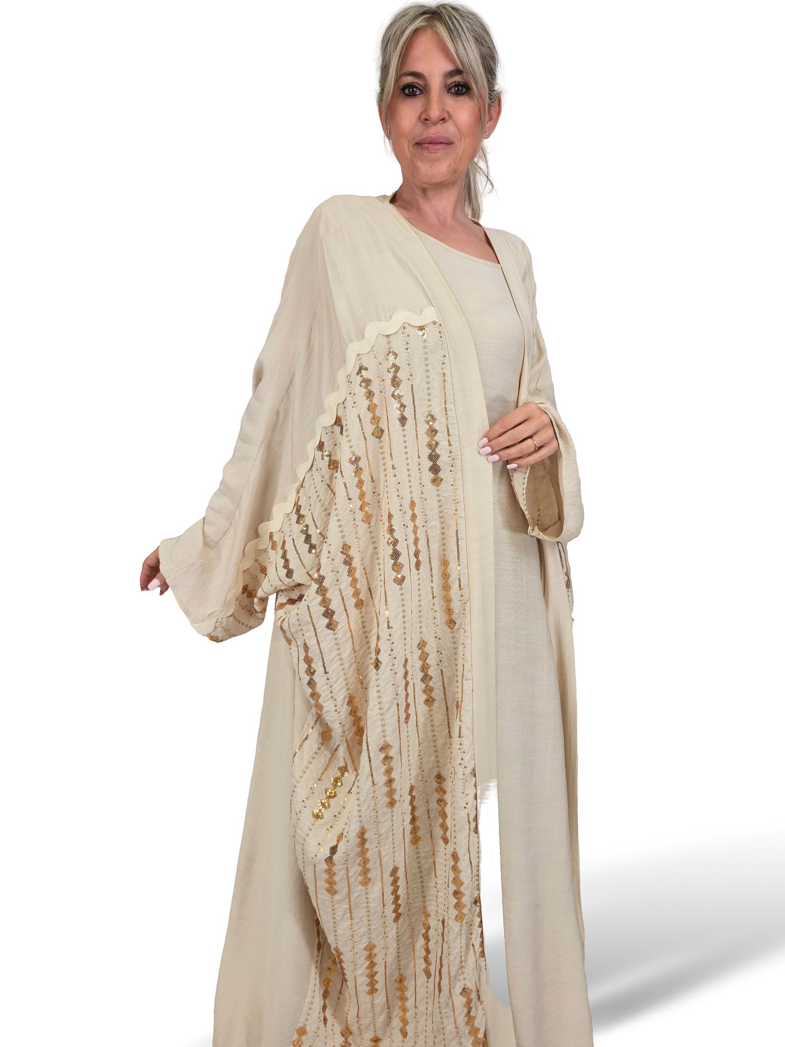 CONJUNTO VESTIDO Y KIMONO BORDADO LENTEJUELAS JOT