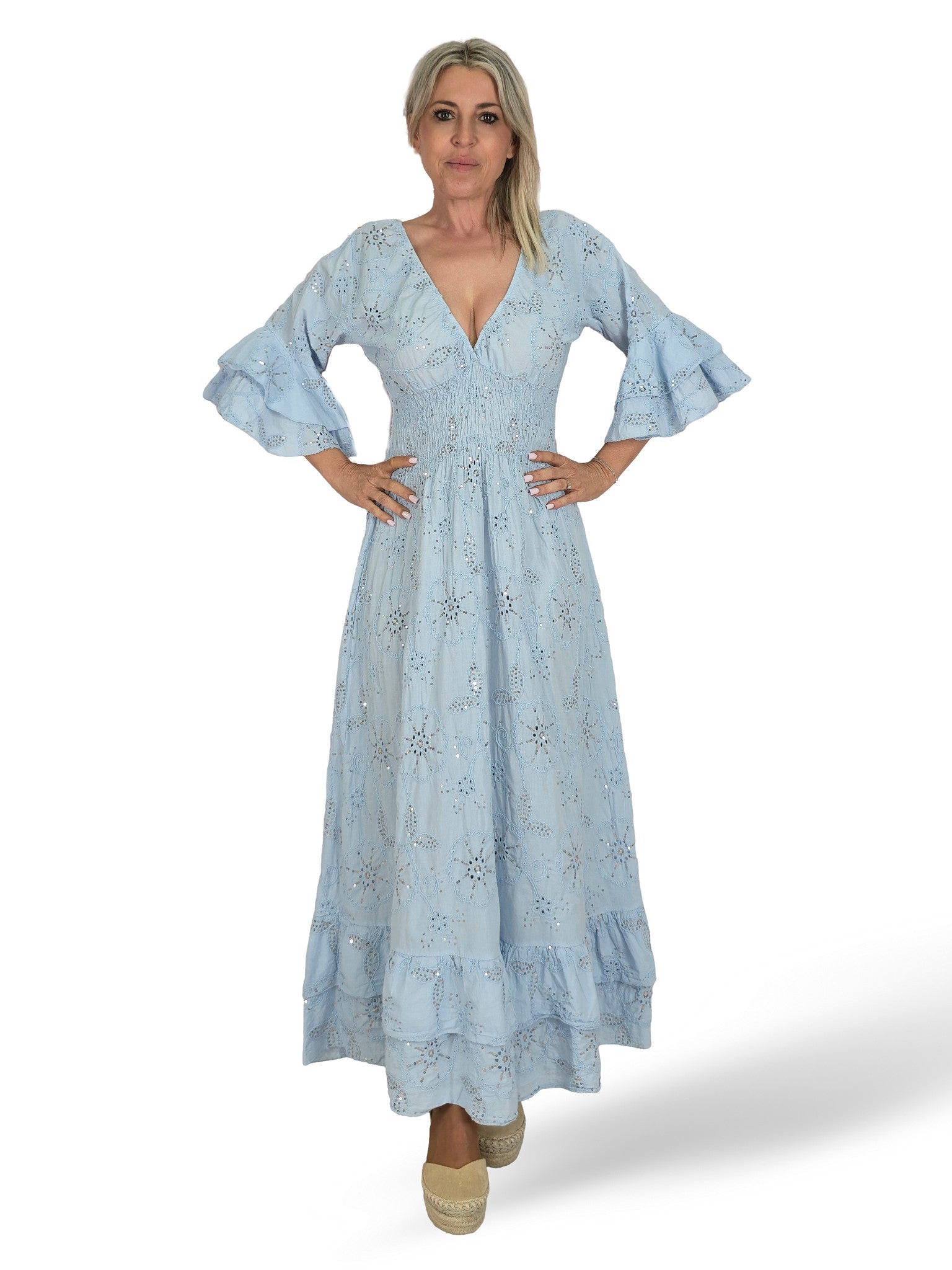 VESTIDO LARGO BORDADO INGLÉS LENTEJUELAS AZUL VERANO