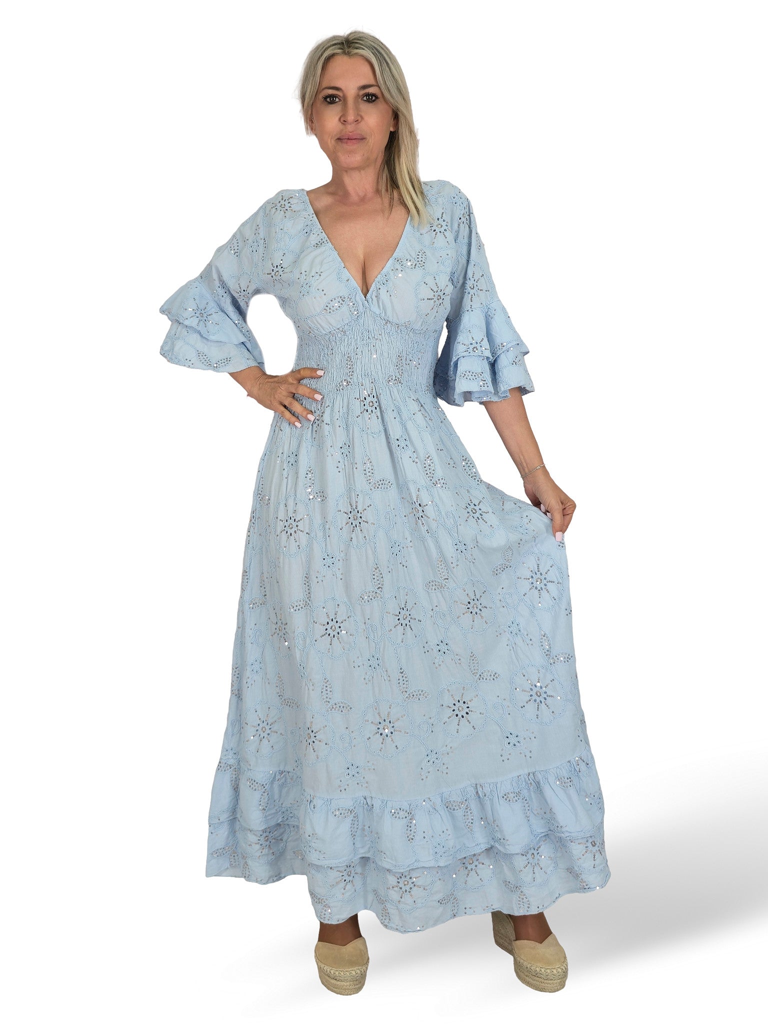 VESTIDO LARGO BORDADO INGLÉS LENTEJUELAS AZUL VERANO