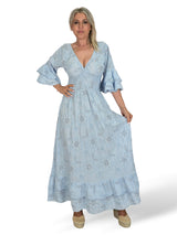 VESTIDO LARGO BORDADO INGLÉS LENTEJUELAS AZUL VERANO