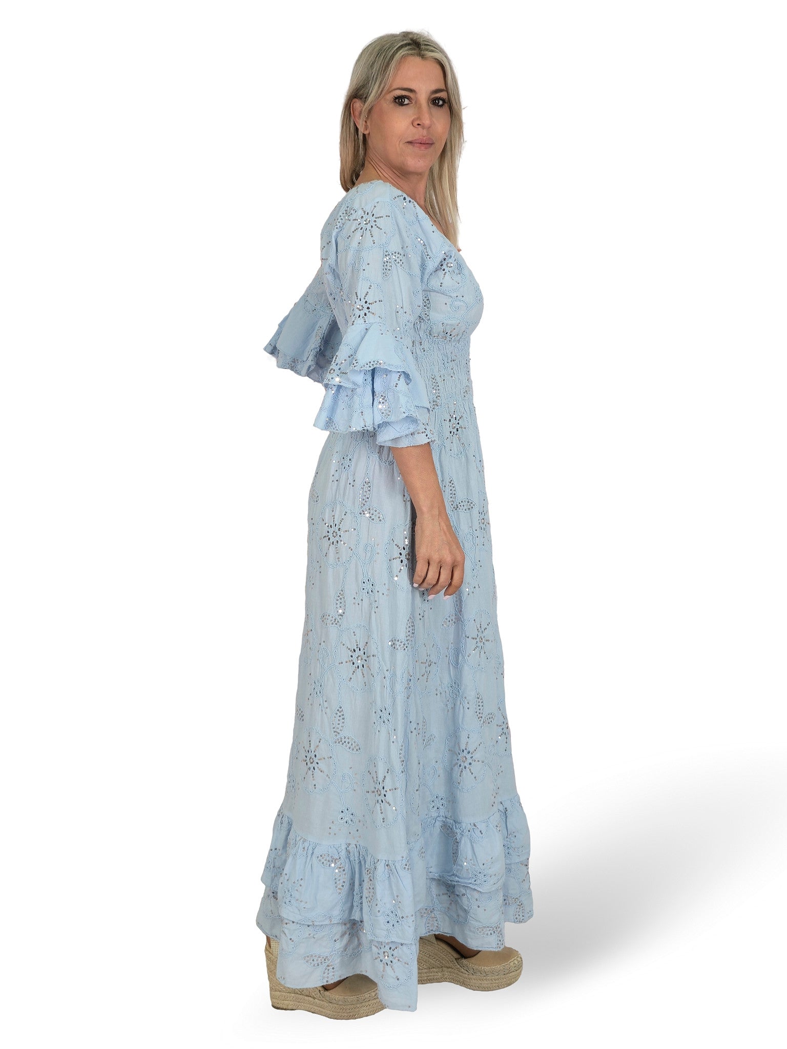 VESTIDO LARGO BORDADO INGLÉS LENTEJUELAS AZUL VERANO