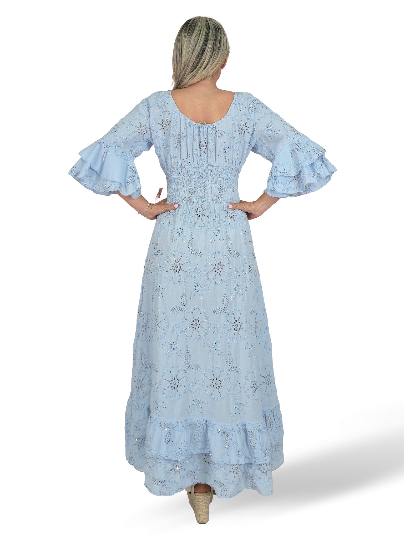 VESTIDO LARGO BORDADO INGLÉS LENTEJUELAS AZUL VERANO