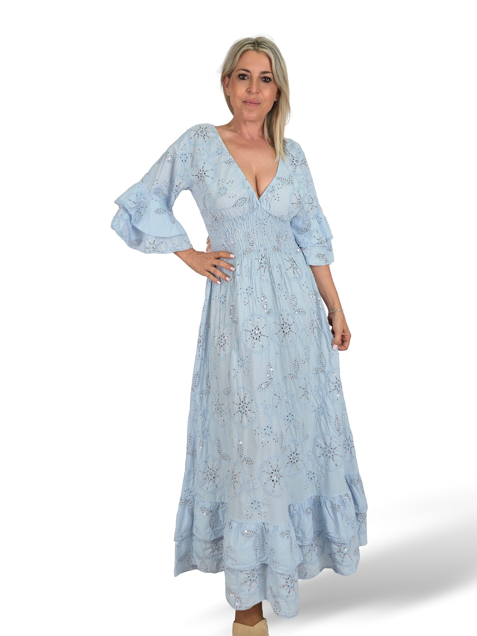 VESTIDO LARGO BORDADO INGLÉS LENTEJUELAS AZUL VERANO
