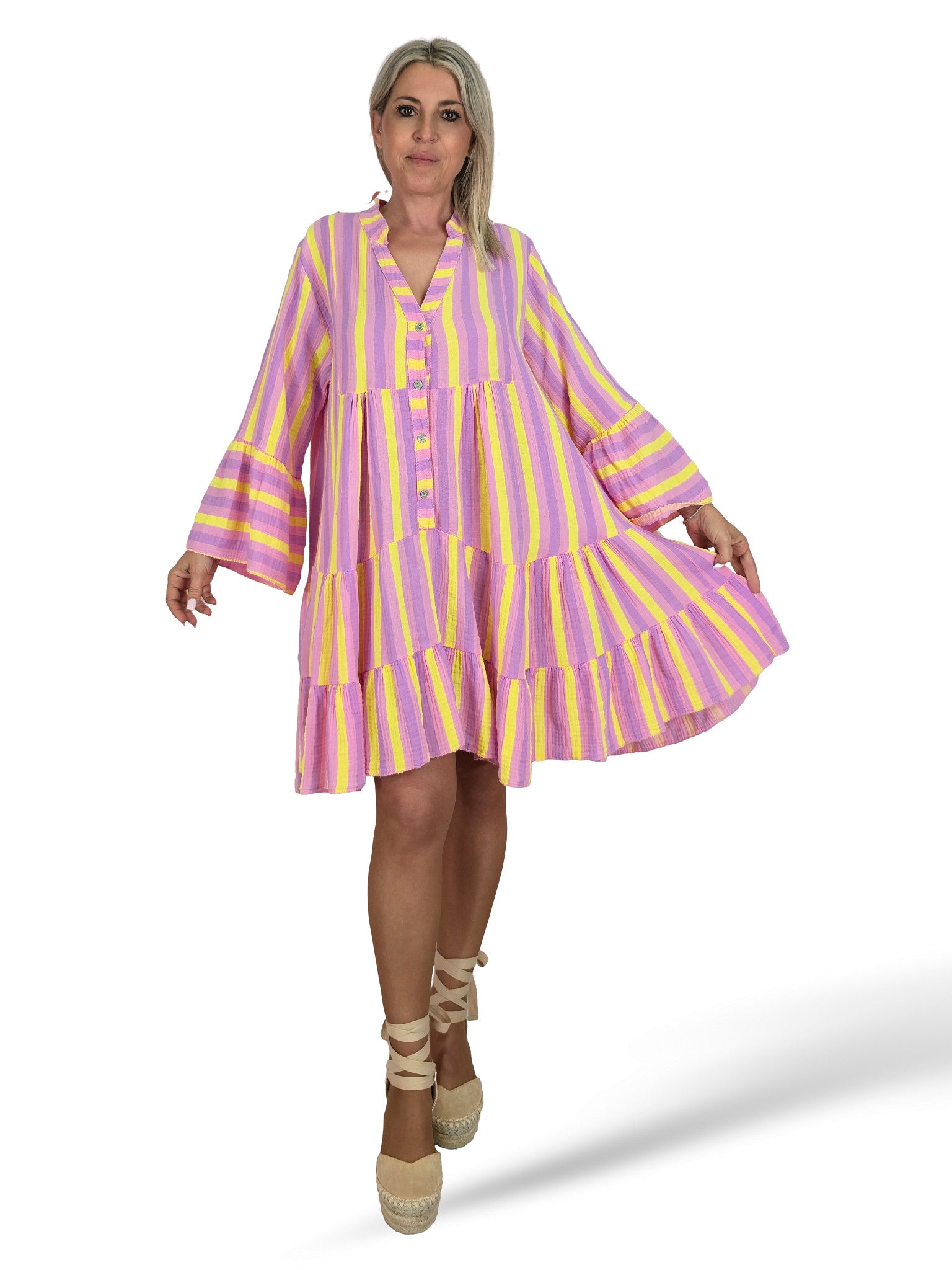 VESTIDO BAMBULA CORTO VOLANTES RAYAS FLUOR