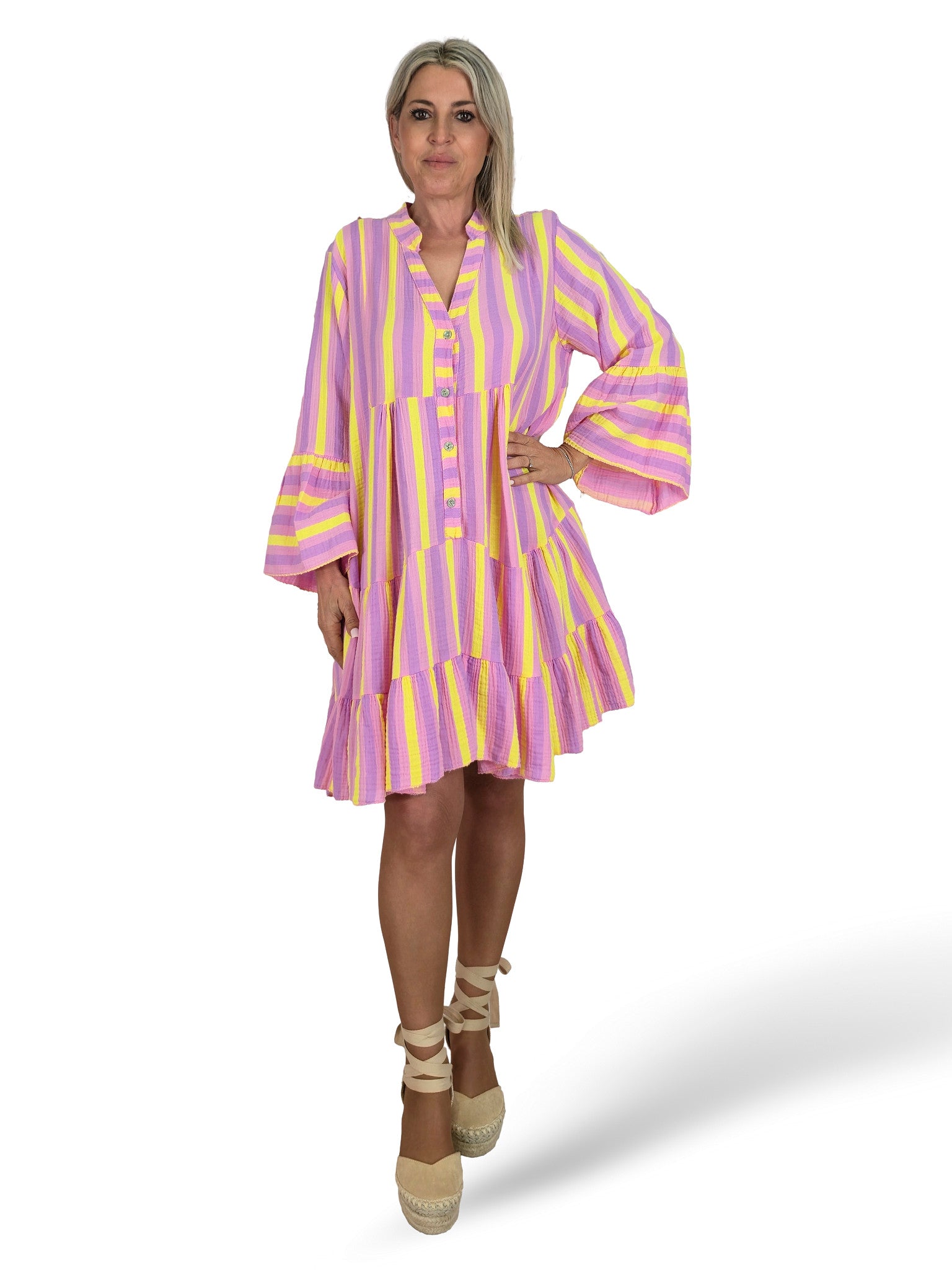 VESTIDO BAMBULA CORTO VOLANTES RAYAS FLUOR