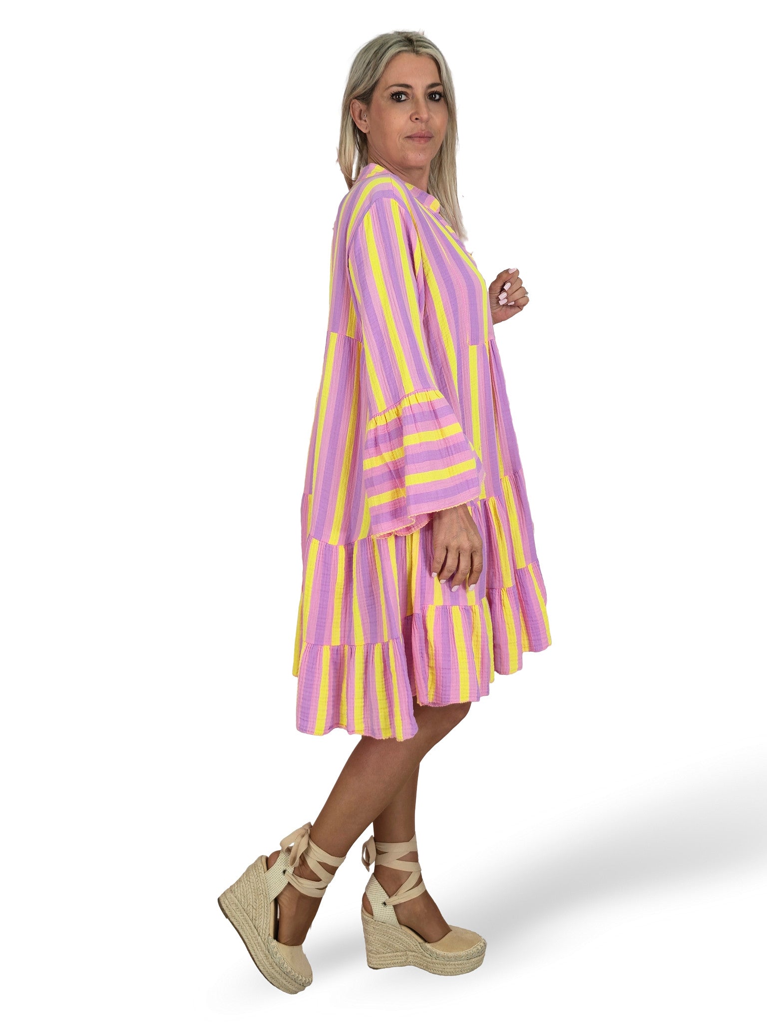VESTIDO BAMBULA CORTO VOLANTES RAYAS FLUOR