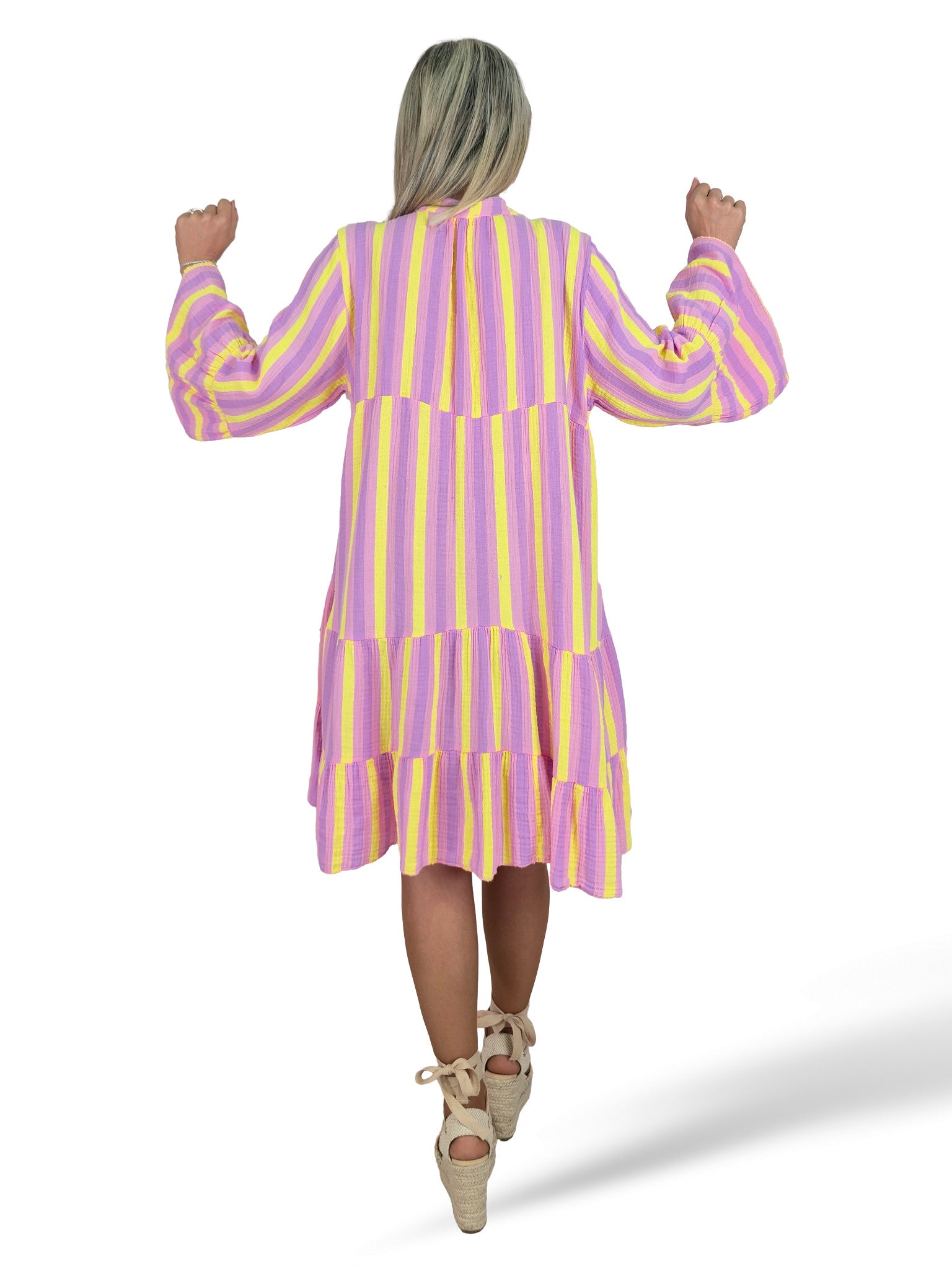 VESTIDO BAMBULA CORTO VOLANTES RAYAS FLUOR